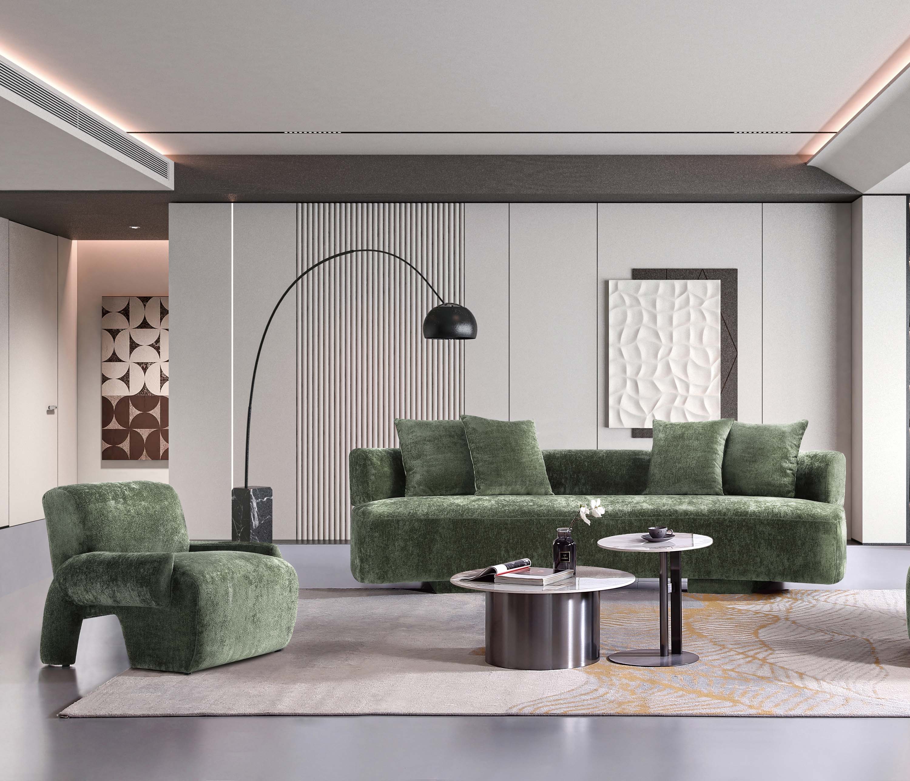 Manhattan Comfort 2-SFAC1669-OG Midcentury 2 -Piece Chenille Olive Green Living Room Set