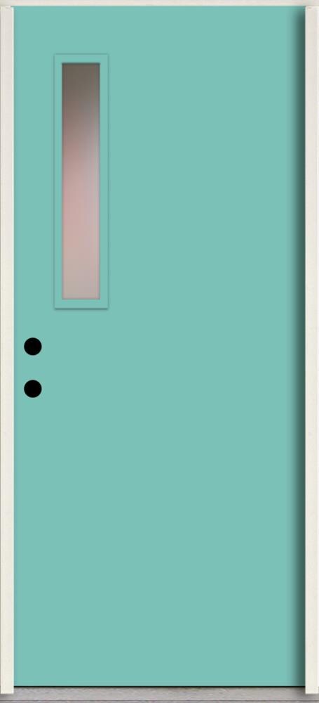 RELIABILT LO1063599 Spotlights 32-in x 80-in x 4-5/8-in Fiberglass 1/4 lite Right-hand inswing Caribbean Blue Paint Painted Prehung Front Door Insulating core