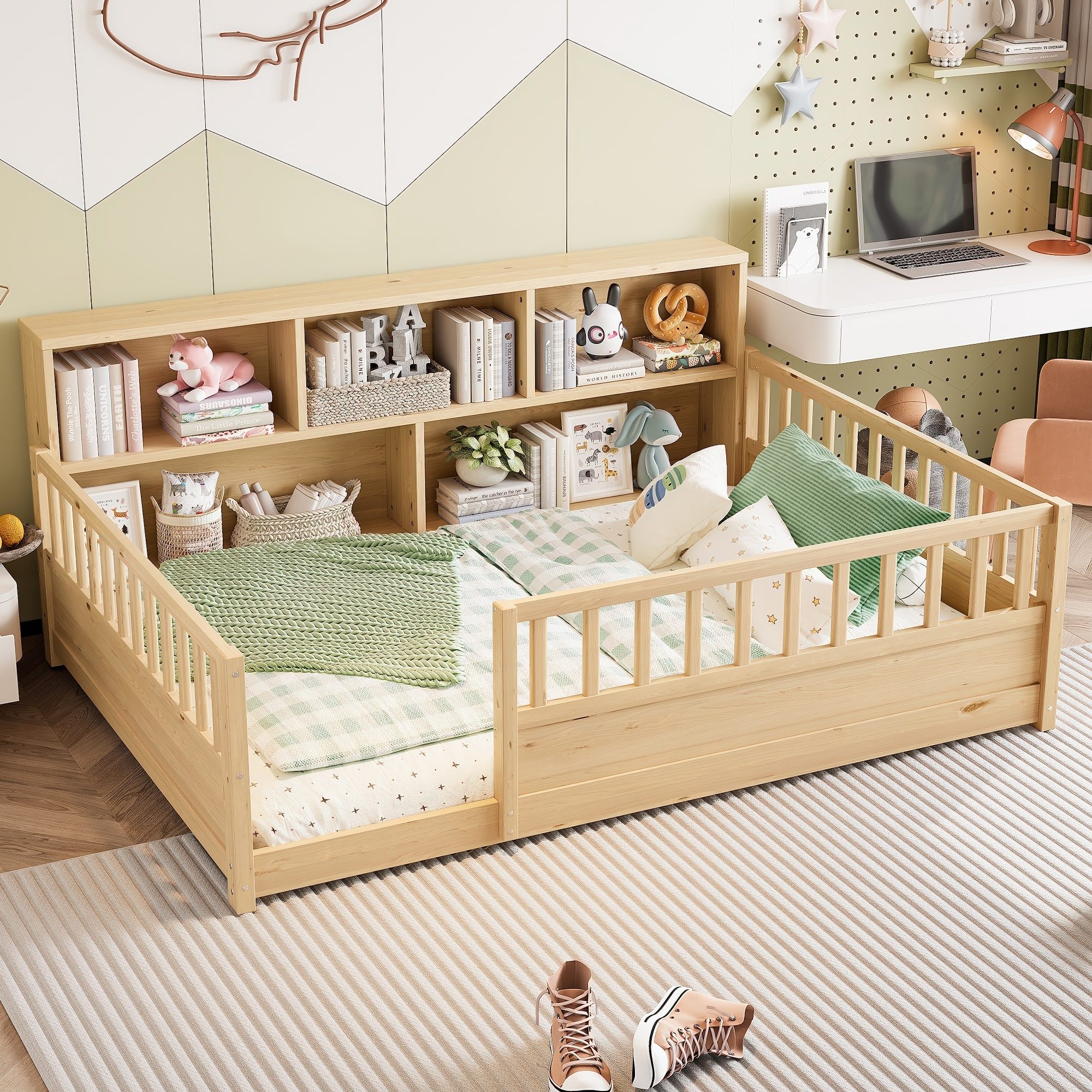 Horizons Prime Full Natural Pine Wood Floor Bed with Fence-Style ...