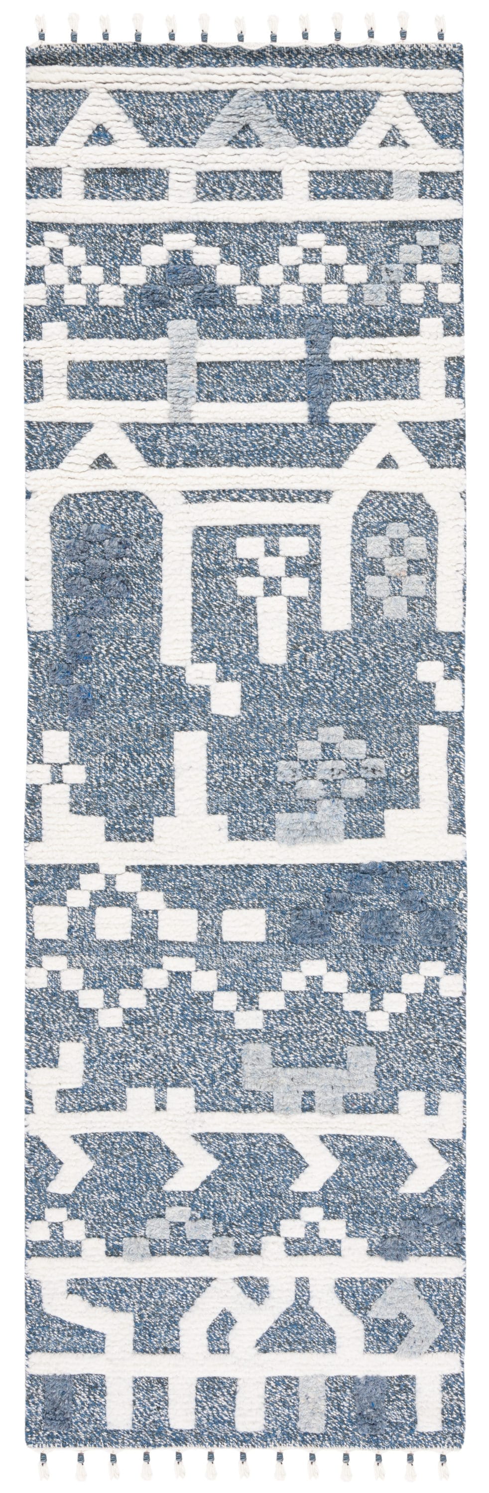 Blue and Ivory Hand-Knotted Wool Shag Runner Rug