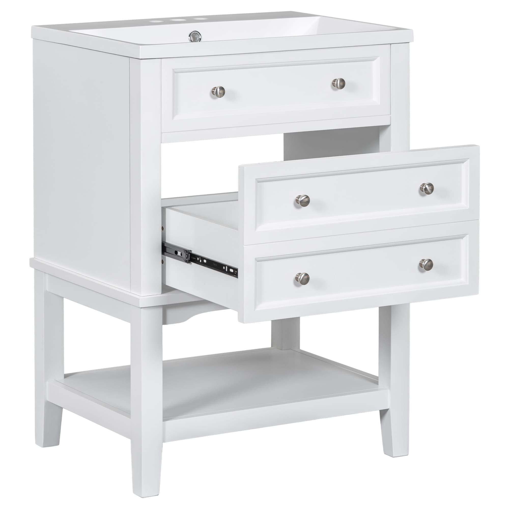 Rbied WJ-LSR-96 24in White Bathroom Vanities with Tops Vanity Sink Solid Wood Frame Cabinet with Drawer Shelf