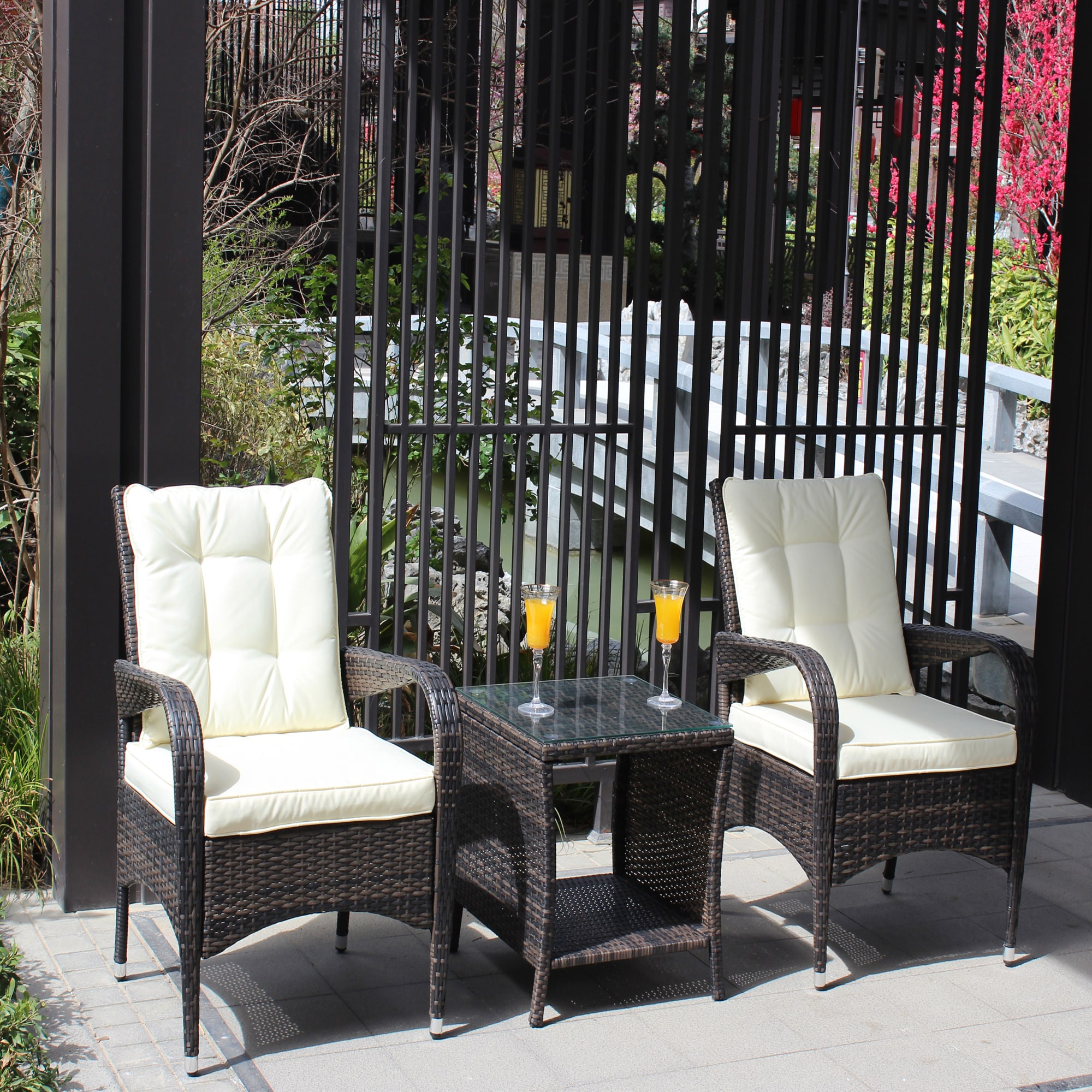 ModernLuxe L-W209S00015 3 -Piece Wicker Patio Conversation Set with Off-white Cushions