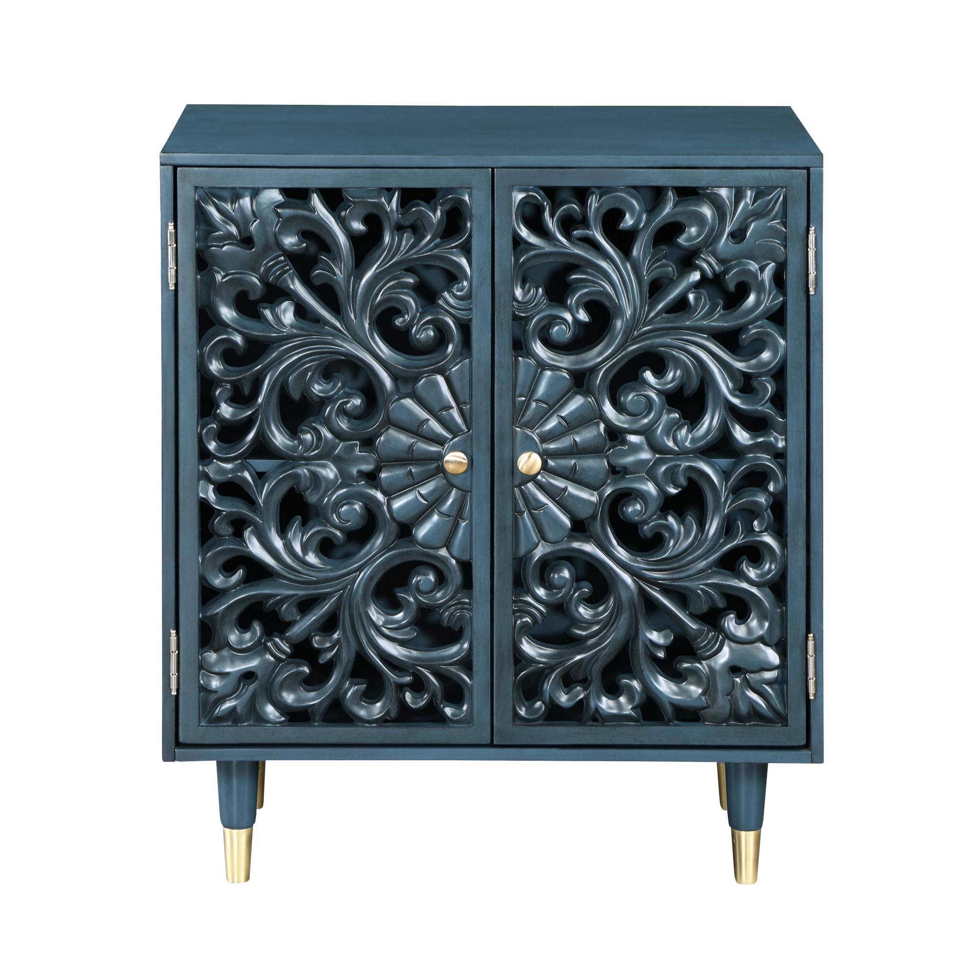 Uolfin Contemporary Blue Wood Accent Chest with Carved Doors, Cara