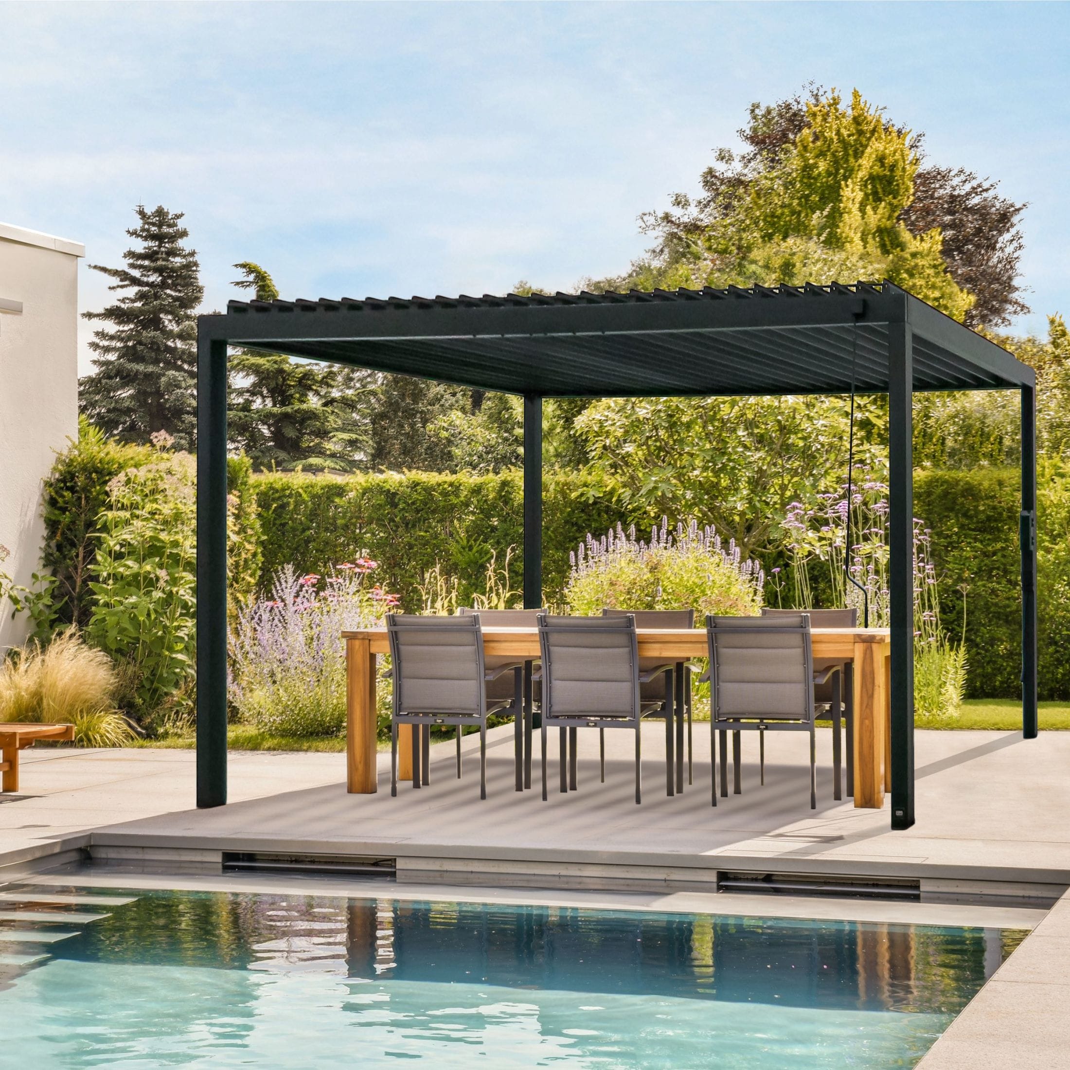 Backyard Discovery 2305113COM Sarasota 16-ft W x 10-ft L x 8-ft 2-in H Black Metal Freestanding Pergola with Canopy