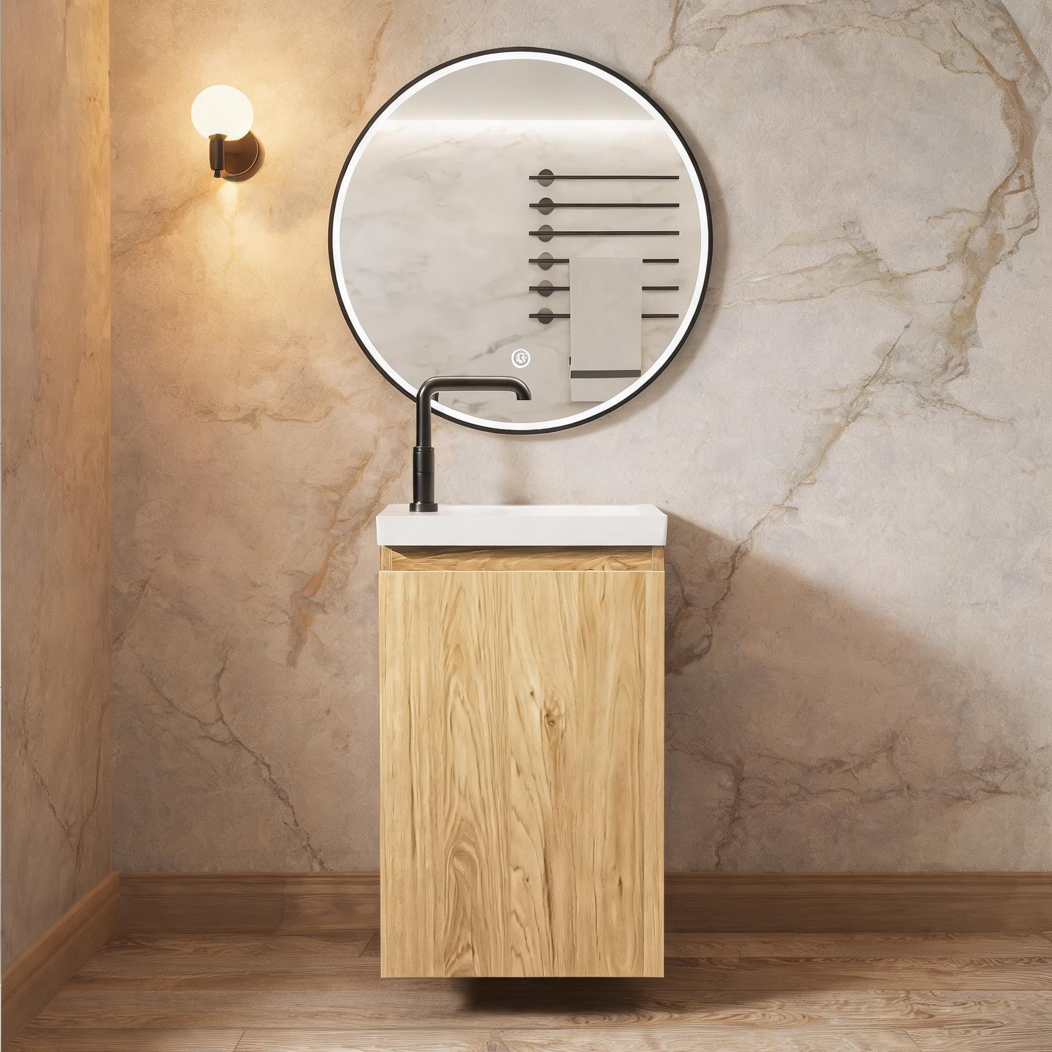 SunJet Wall-Mounted 16-Inch Bathroom Vanity with Integrated Sink in Light Natural Oak