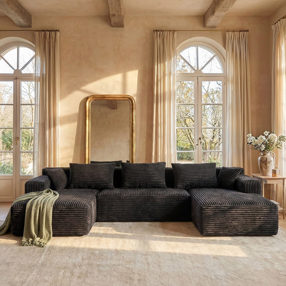 FUFU&GAGA Modular Sectional Sofa 134-in W Modern Black 3-seater Reclining Sofa