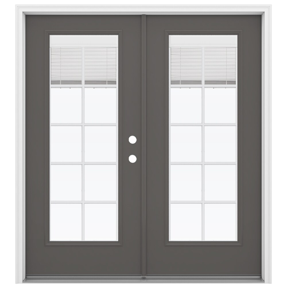 JELD-WEN LOWOLJW205900240 72-in x 80-in x 4-9/16-in Jamb Low-e Blinds and Grilles Between The Glass Timber Gray Steel French Left-Hand Inswing Double Patio Door Brickmould Included