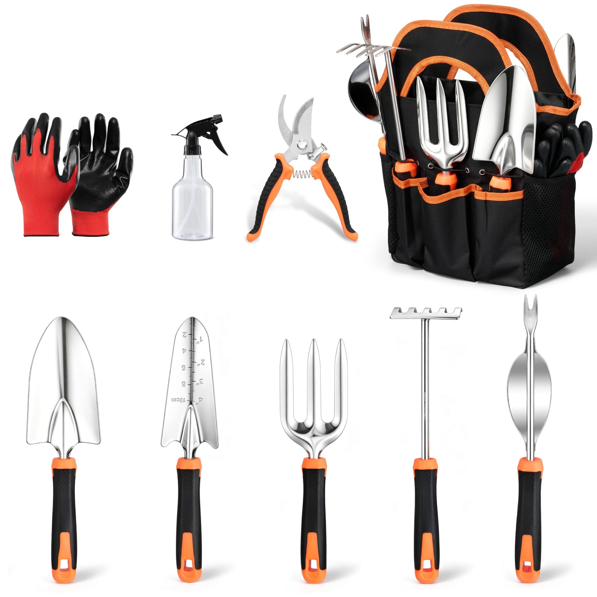 Numhew 17.2in L 9-Piece Silver Stainless Steel Garden Tool Set Large | NHDREW20607