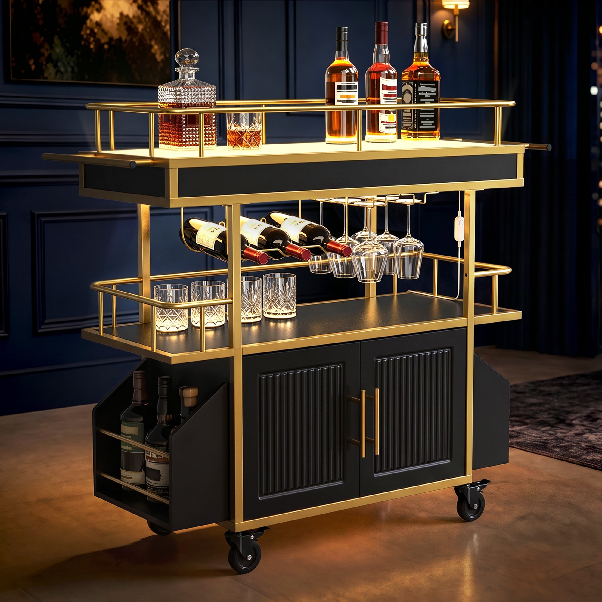 GDLF - LED Bar Cart with Cabinet Storage Rolling Drink Cart with Wheels