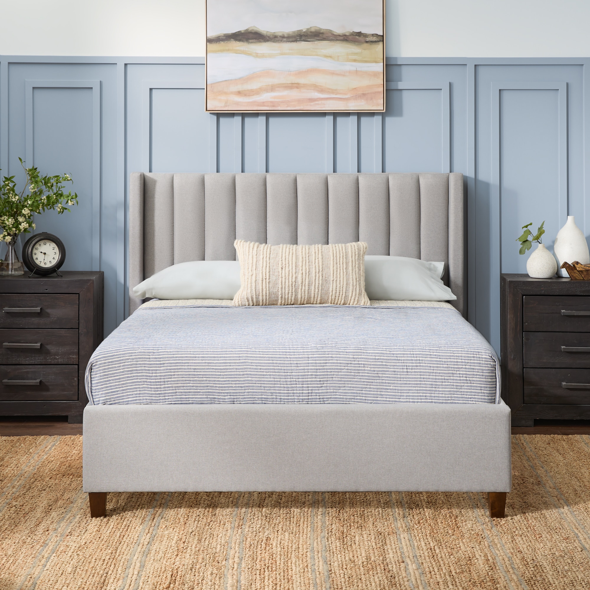 2 Pieces Bedroom Furniture Set,Queen Size Upholstered Bed Set with One  Nightstand,Velvet Platform Bed with line Stripe Wingback Headboard for