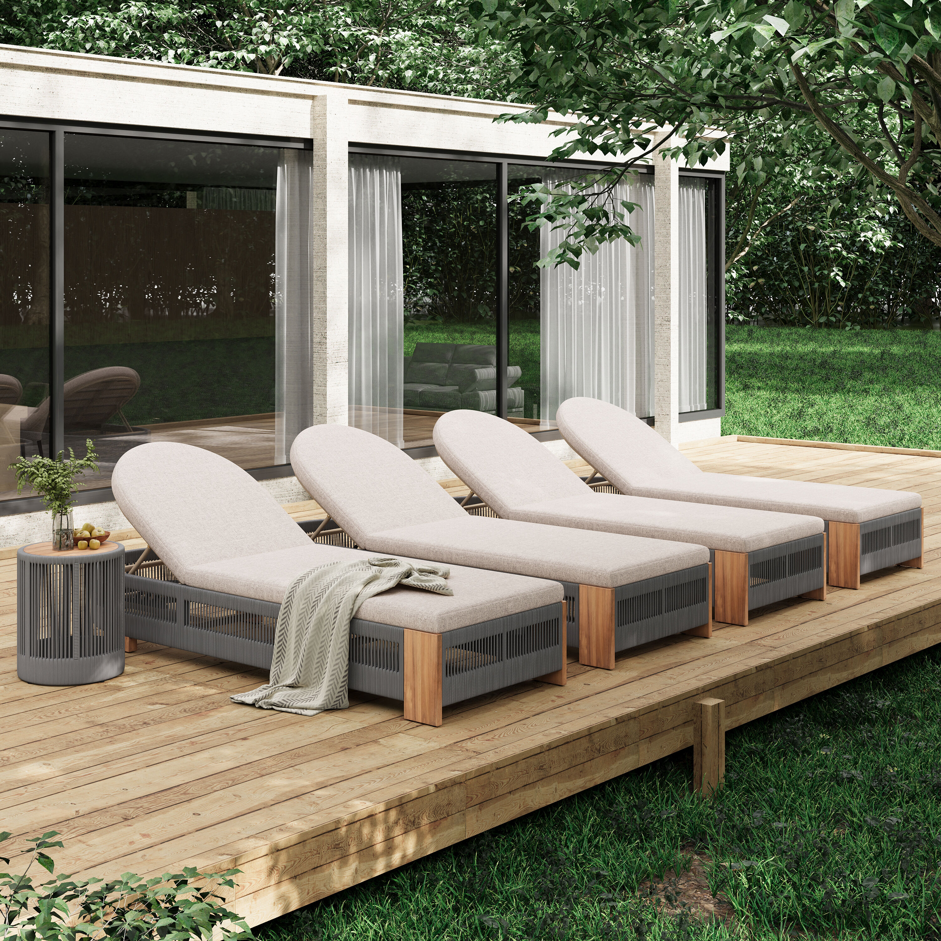 Christopher Knight Home - Miller Outdoor Acacia Wood Patio Chaise Lounge 4 with Round Side Table ...