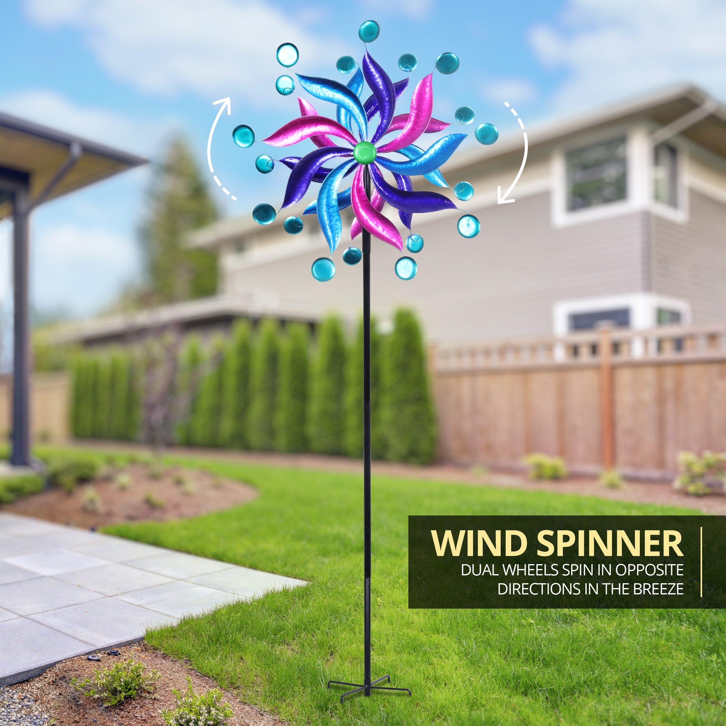 Pink and Blue Metal Double Pinwheel Spinner Garden Stake