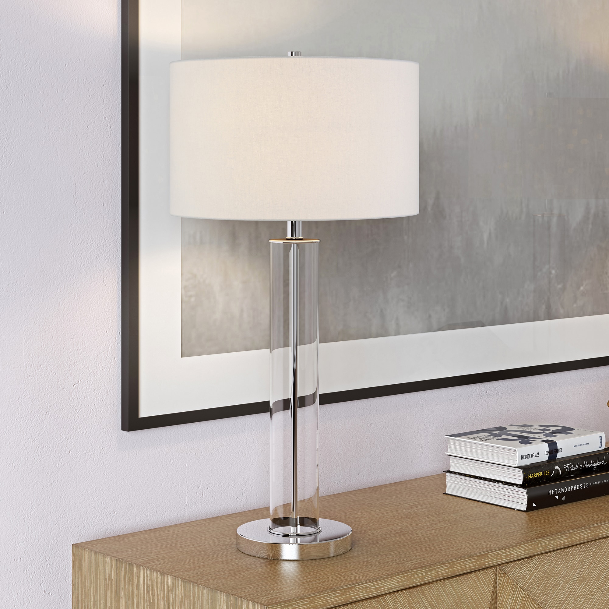 Harlow 29" Silver Nickel and Clear Glass Table Lamp with White Shade