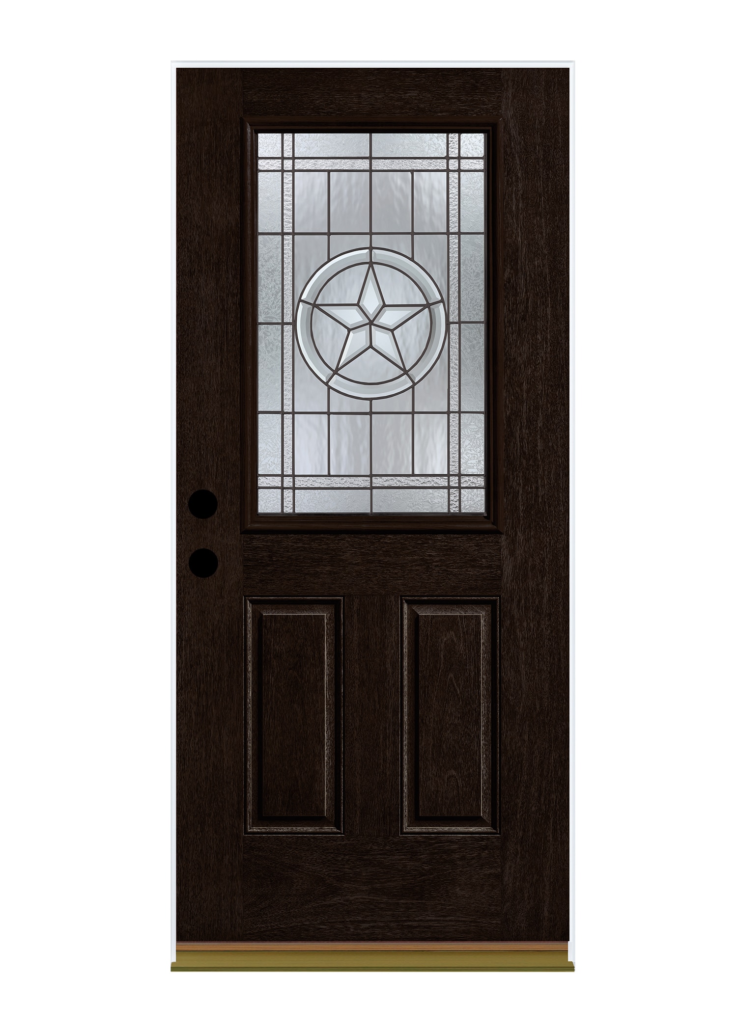 Therma-Tru Star 36-in x 80-in x 4-9/16-in Fiberglass Half Lite Left-Hand Inswing Dark Elm Stained Prehung Front Door Insulating Core in Black -  TTB638770