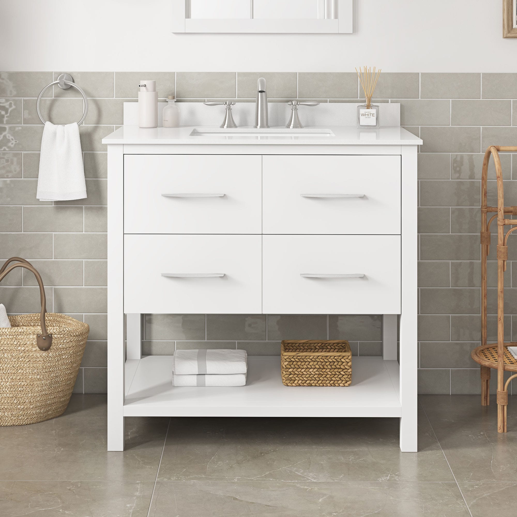 Origin 21 SANFORD-36W Sanford 36-in White Undermount Single Sink Bathroom Vanity with White Engineered Marble Top