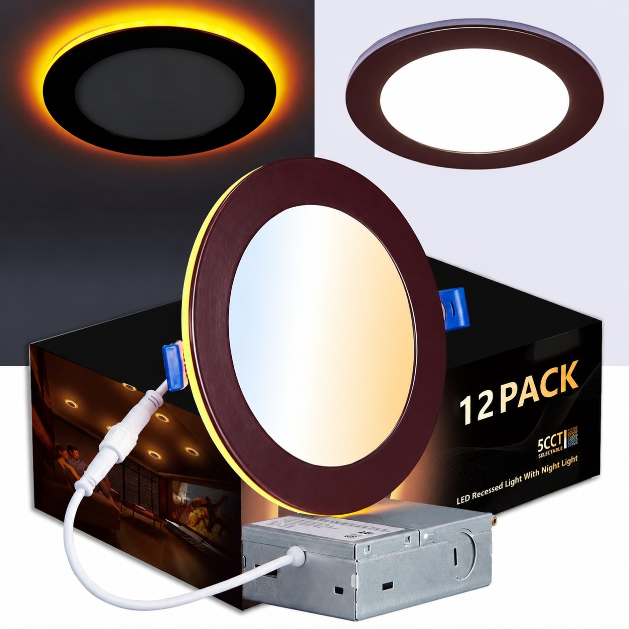 Misopily  12 Pack Bronze Recessed Lighting 6 Inch Canless Ultra Thin Wafer Downlight with Night Light Dimmable 5 Color Temperature Selectable 12W
