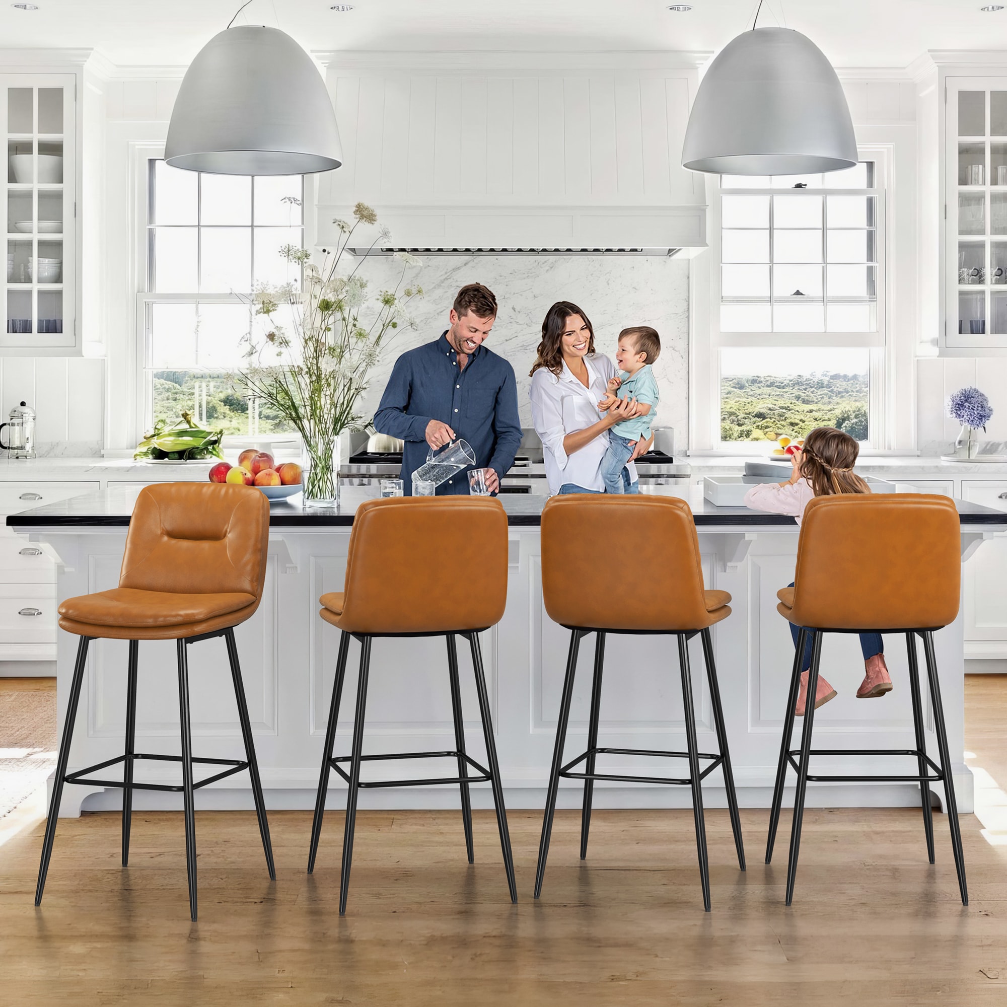 LUE BONA 4LB23CH0040-300LS Set of 4 Whiskey Brown 30-in H Bar height (28-in to 33-in) Bucket Seat Upholstered Metal Back Bar Stool with Arms and Back
