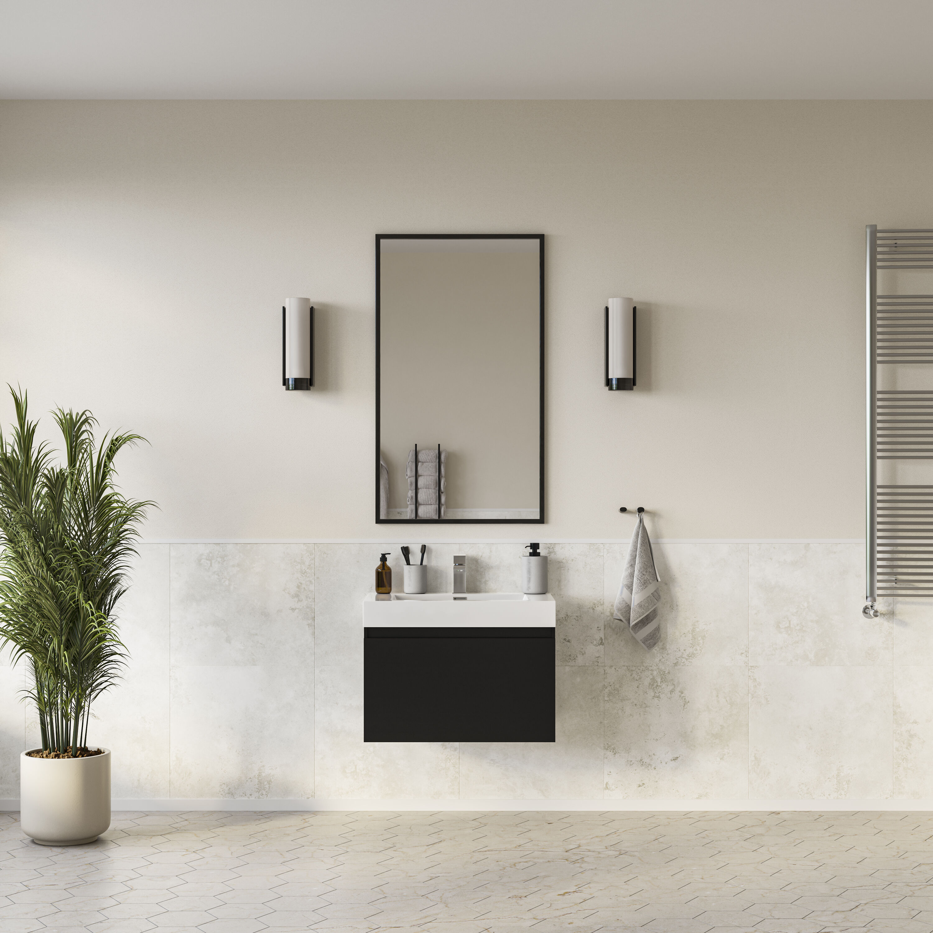 Fresca FCB8007BW-I Mezzo 30-in Black Single sink Floating Bathroom Vanity with White Acrylic Top