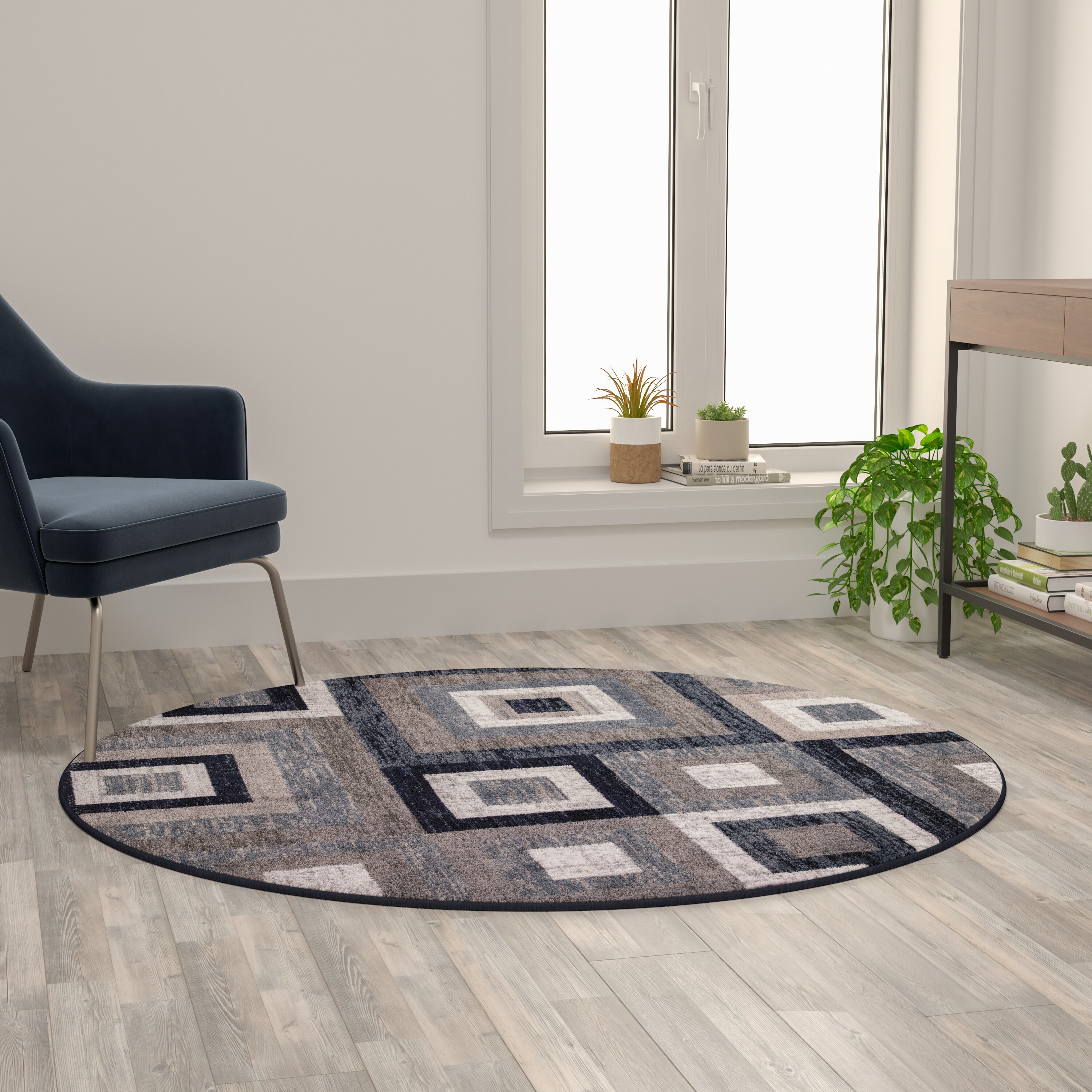 Gideon 5 x 5 (ft) Polypropylene Blue Round Indoor Geometric Area rug