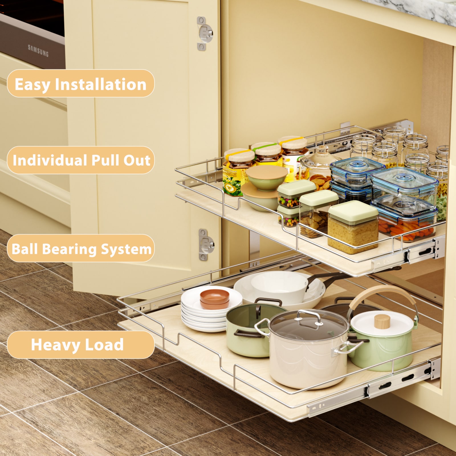 LOVMOR 3022-2TIER-WOODBOARD Pull-Out-Cabinet-Baskets - View #2