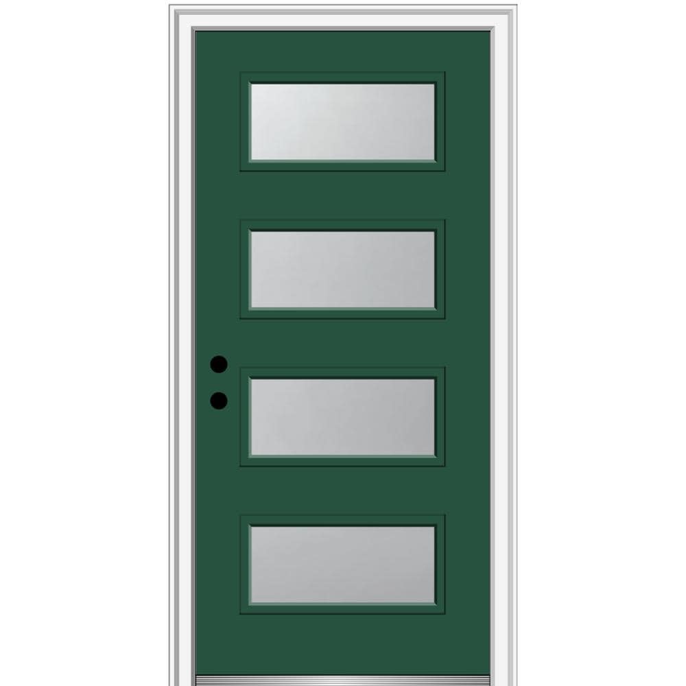 MMI DOOR ZZ346989R Spotlights 32-in x 80-in x 4-9/16-in Fiberglass Pulse lite Right-hand inswing Hunter Green Painted Prehung Front Door with Brickmould Insulating core