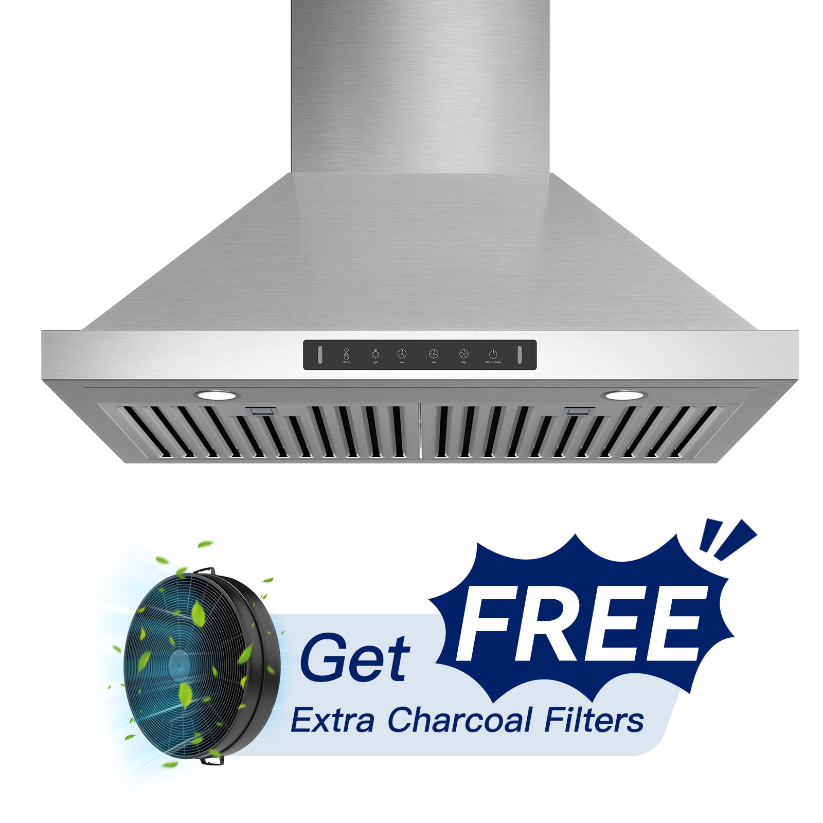 VIKIO PA0336A 30 inch Ductless 800-CFM Recirculating Stainless Steel Wall-Mounted Range Hood with Charcoal Filter