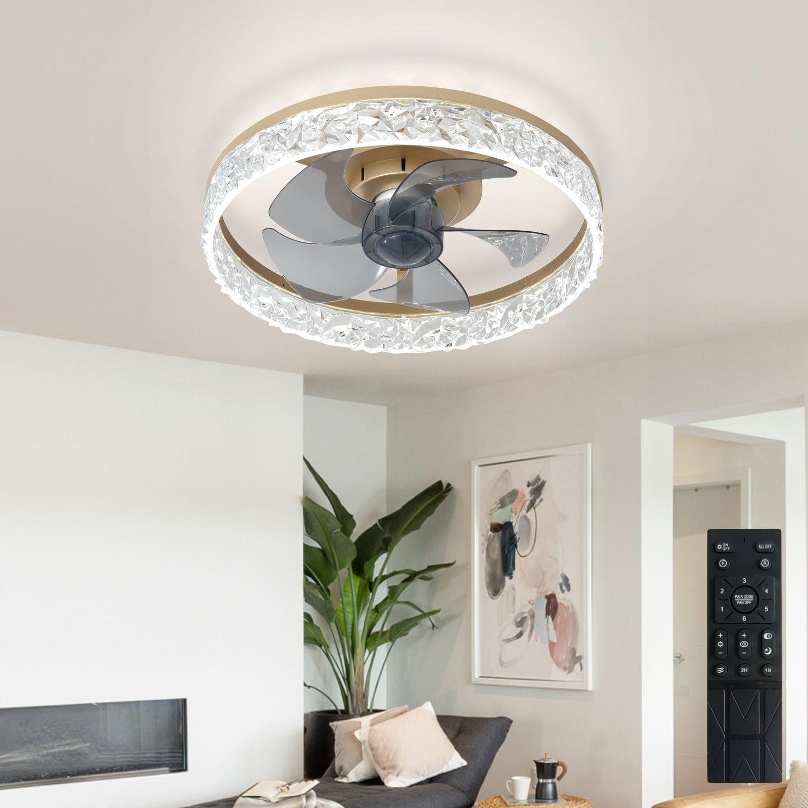 Dovanpaul 16 Inch Gold Modern Low Profile Flush Mount Ceiling Fan with Light Dimmable Quiet DC Motor Remote and App Dual Control Fandelier for Bedrooms Living Rooms Kitchens
