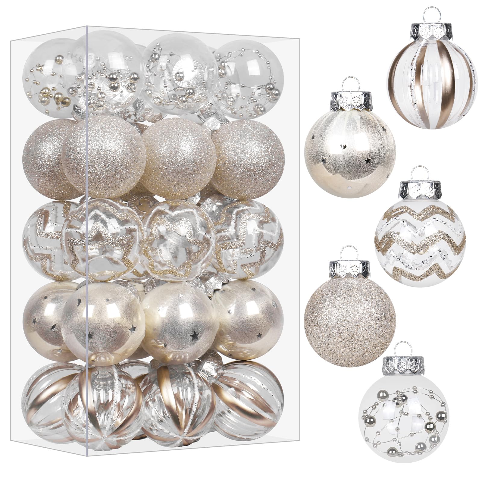 KIWDZFU  30PCS Champagne Clear Plastic Shatterproof Ball Ornaments 60MM Two Point Three Six Inch for Christmas Tree Hanging Decorations