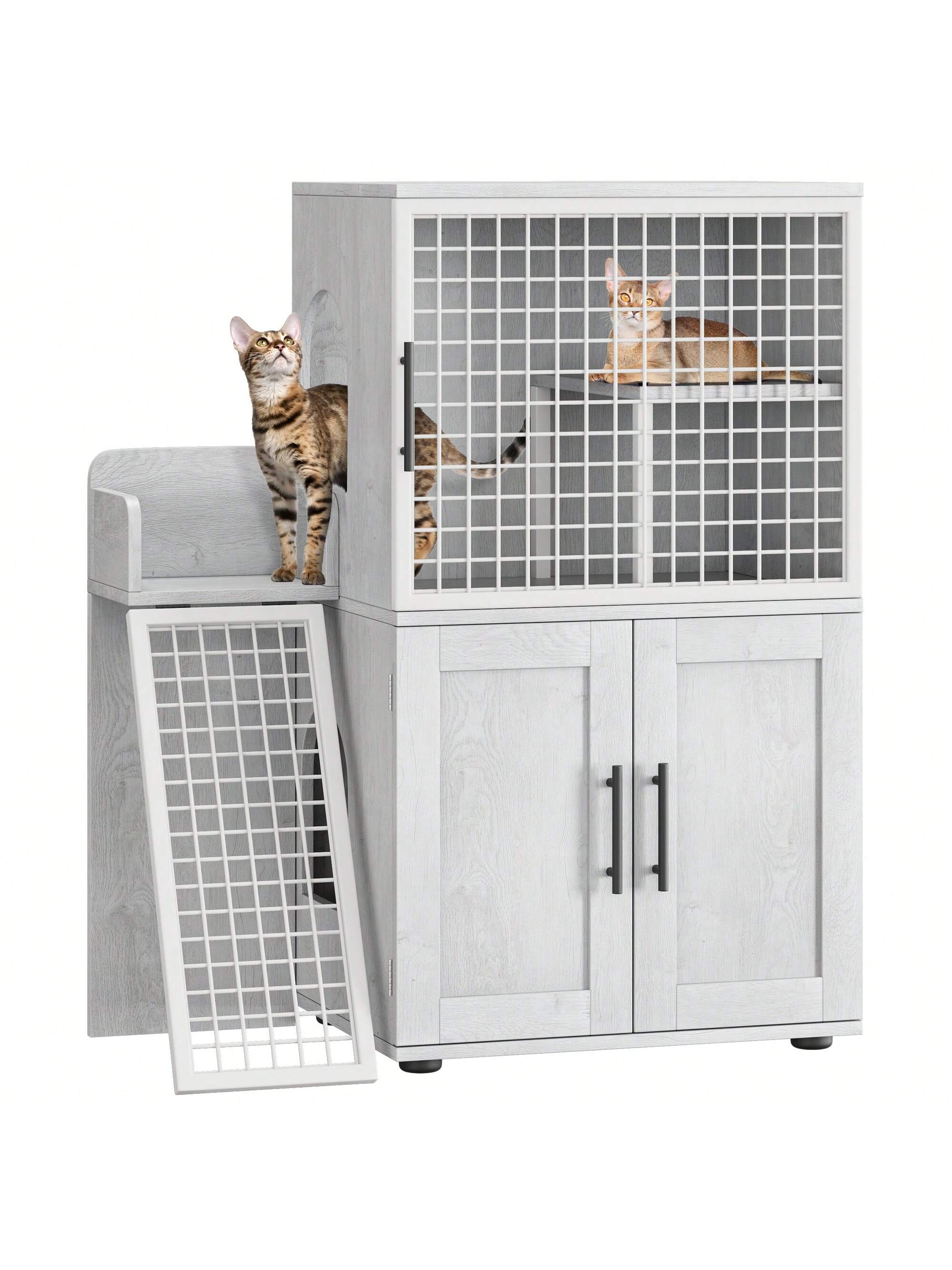 Qeetex PHO-0ZDJRRMX-HF4 Cat Litter Box Enclosure With Platform. Double Layer Hidden Cat Furniture. Modern Villa Cat Cabinet With Ladder. Cat Washroom Indoor. Cat House