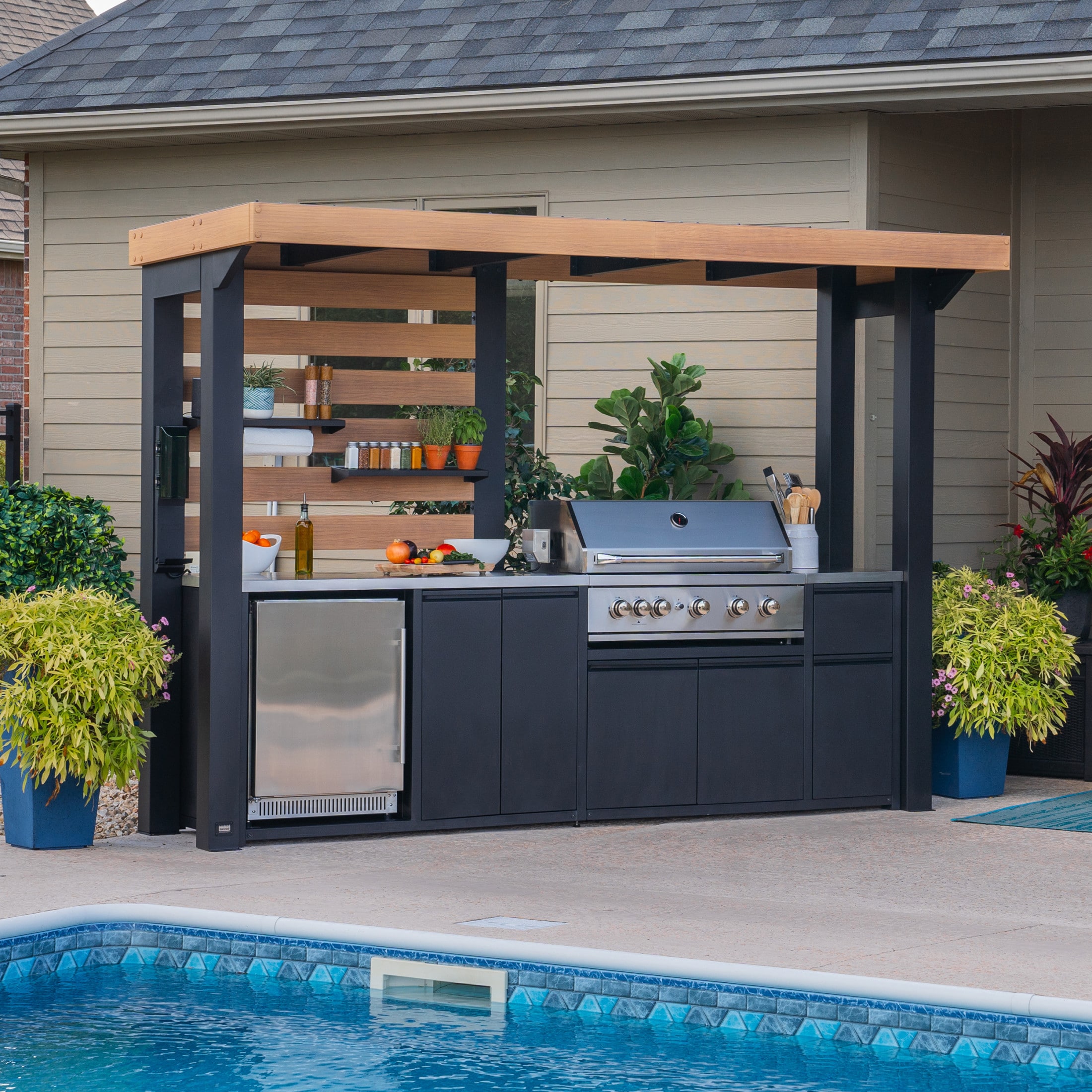 Backyard Discovery 2304079COM Fusion Flame 4 -Piece 125.5-in W x 48-in D x 90.94-in H Modular Outdoor Kitchen Grill with bar/counter top 5 Burners