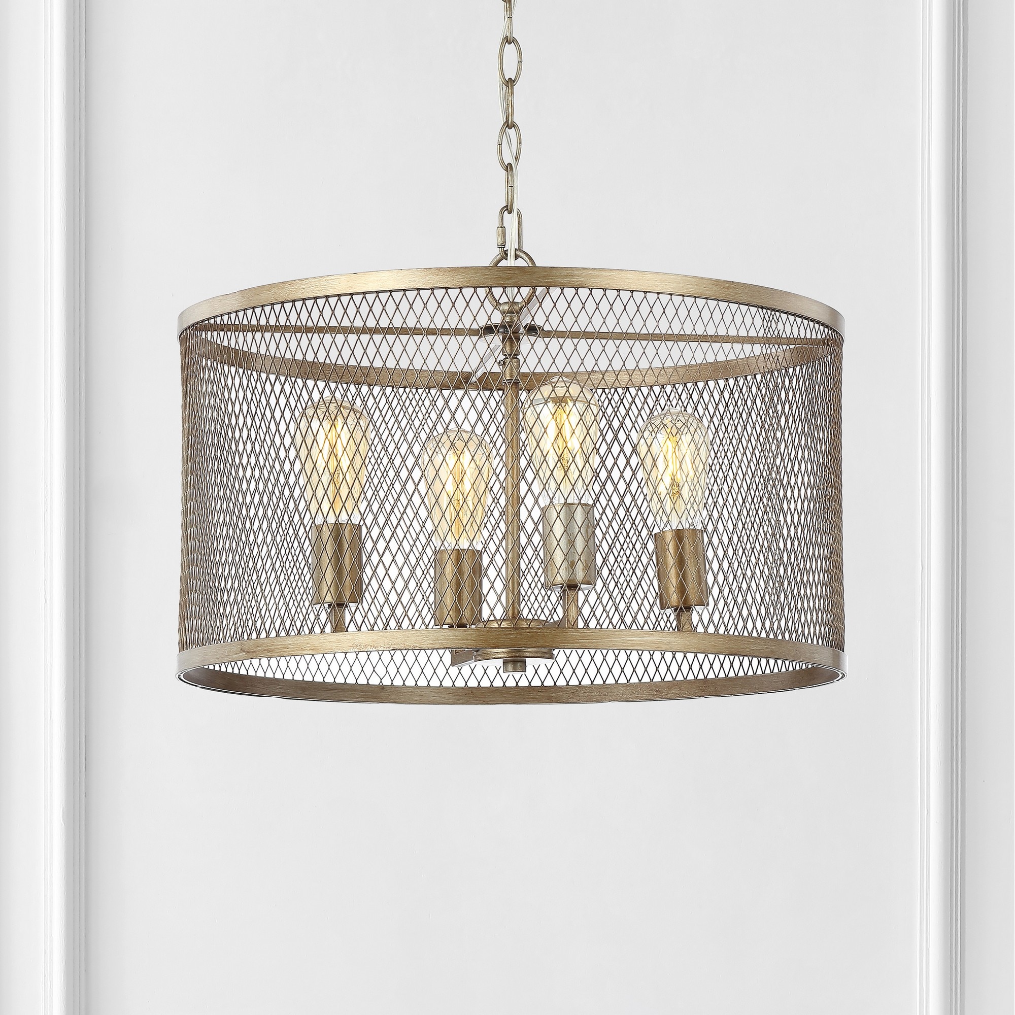 JONATHAN Y - Pen 4-Light 20-in. Iron Adjustable Industrial Mesh LED Pendant - Gold