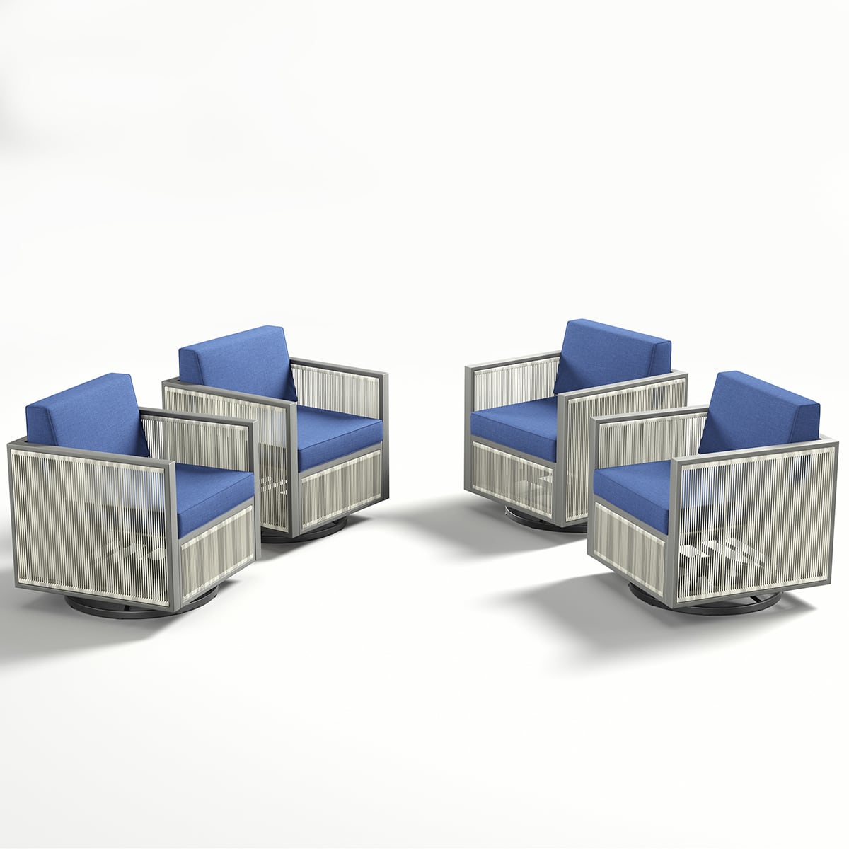 Rilyson FSFHGW20X4-1 Tubu Set of 4 Wicker Off-white Wicker Frame Swivel glider Conversation Chair with Off-white Blue Cushioned Seat
