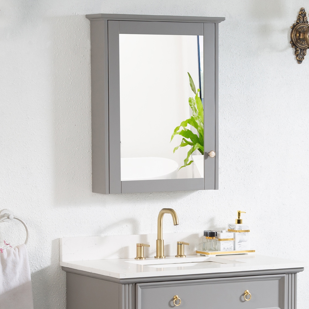 WELLFOR MED24YS1TG Solid Wood 24-in x 30-in Surface Mount Gray Mirrored Rectangle Soft Close Medicine Cabinet