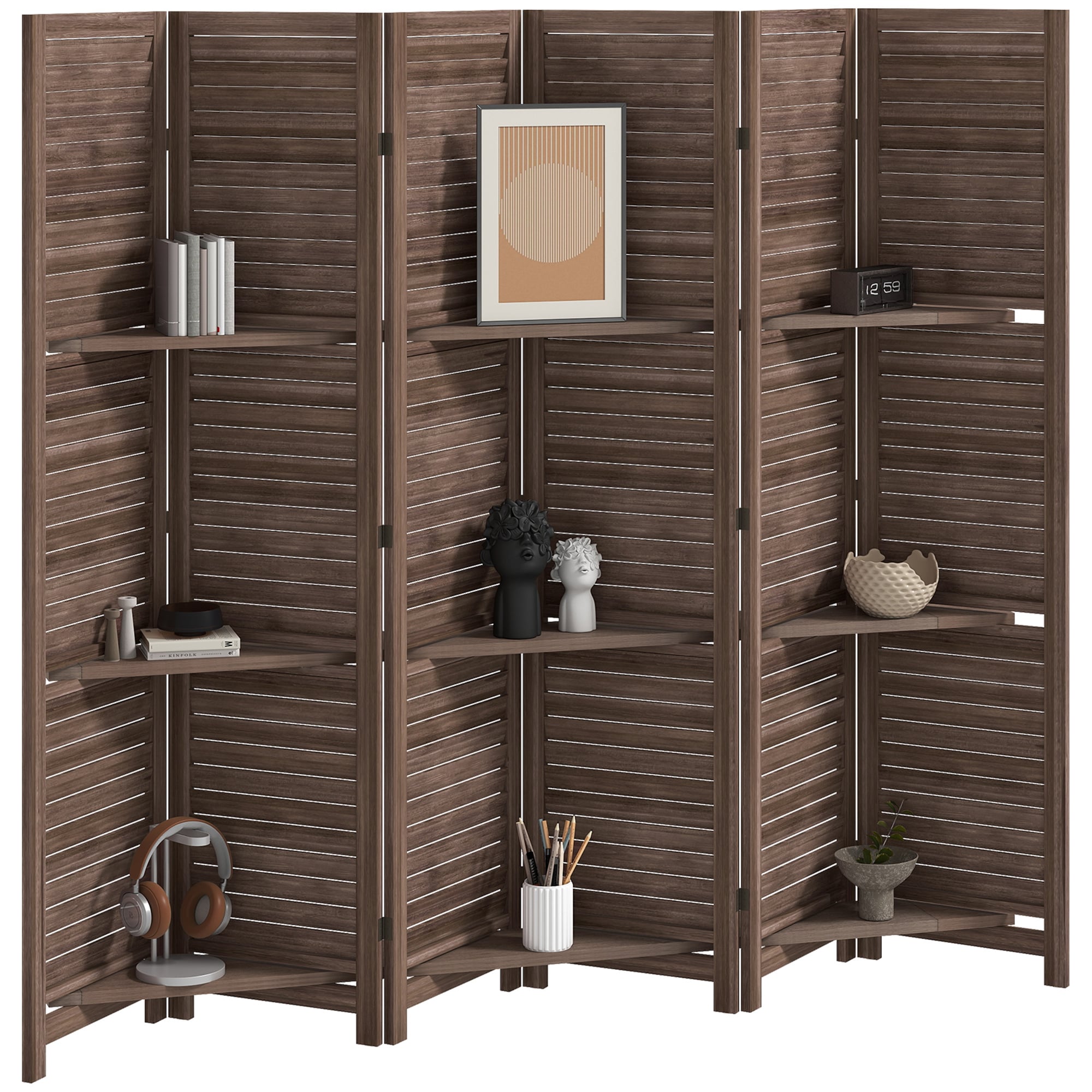 HomCom Room Divider 6 Panel 67Tall Wood Privacy Screen with 3 Display ...
