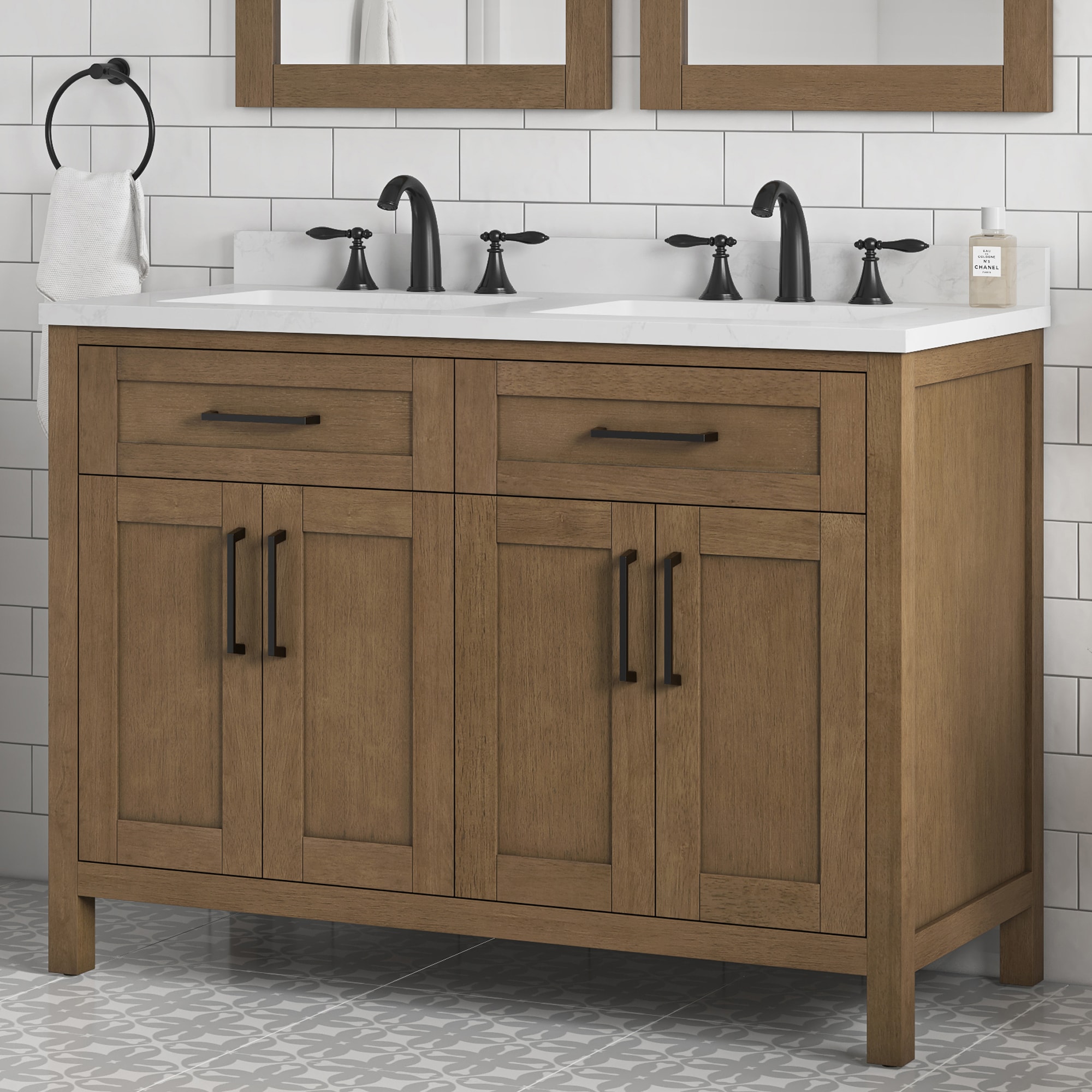Almond Latte Brushed Double Sink Bathroom Vanity with Matte Black Hardware