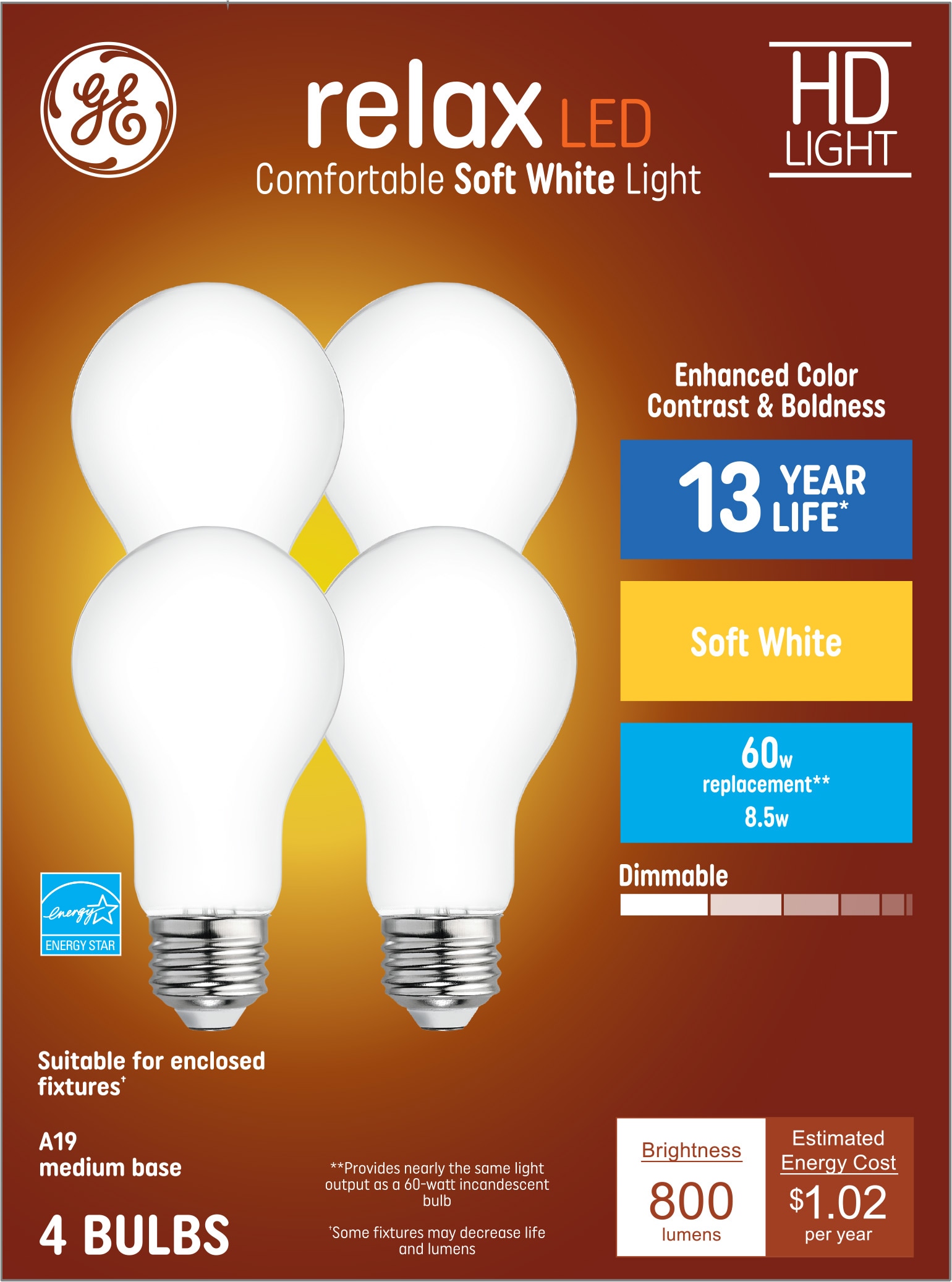 Buiten adem Haarvaten nog een keer GE Relax 60-Watt EQ A19 Soft White Medium Base (e-26) Dimmable LED Light  Bulb (4-Pack) in the General Purpose LED Light Bulbs department at Lowes.com