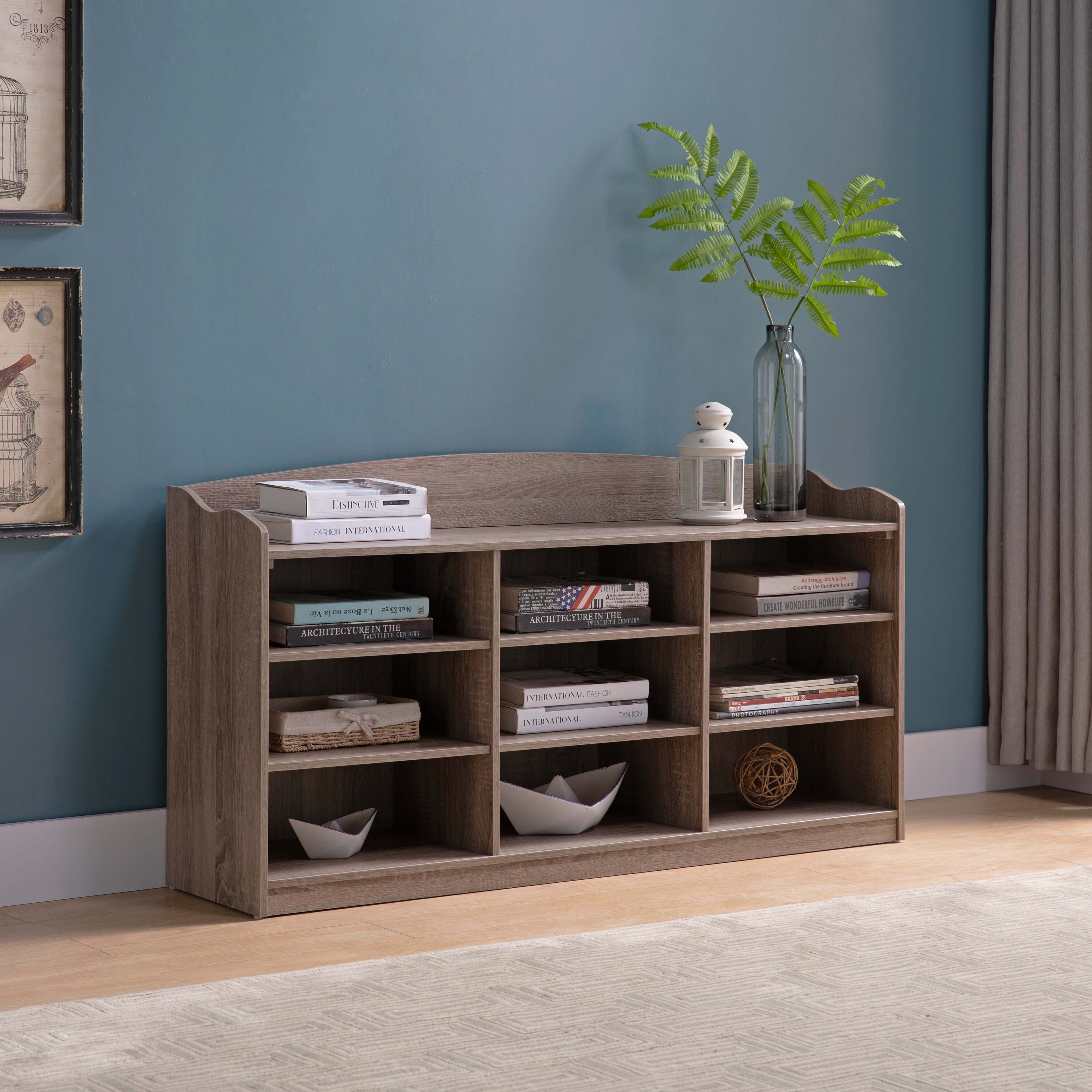 LOVMOR SF-X-B107131299 Wooden Shoe Storage Bench Nine Shelves Entryway Organizer Dark Taupe