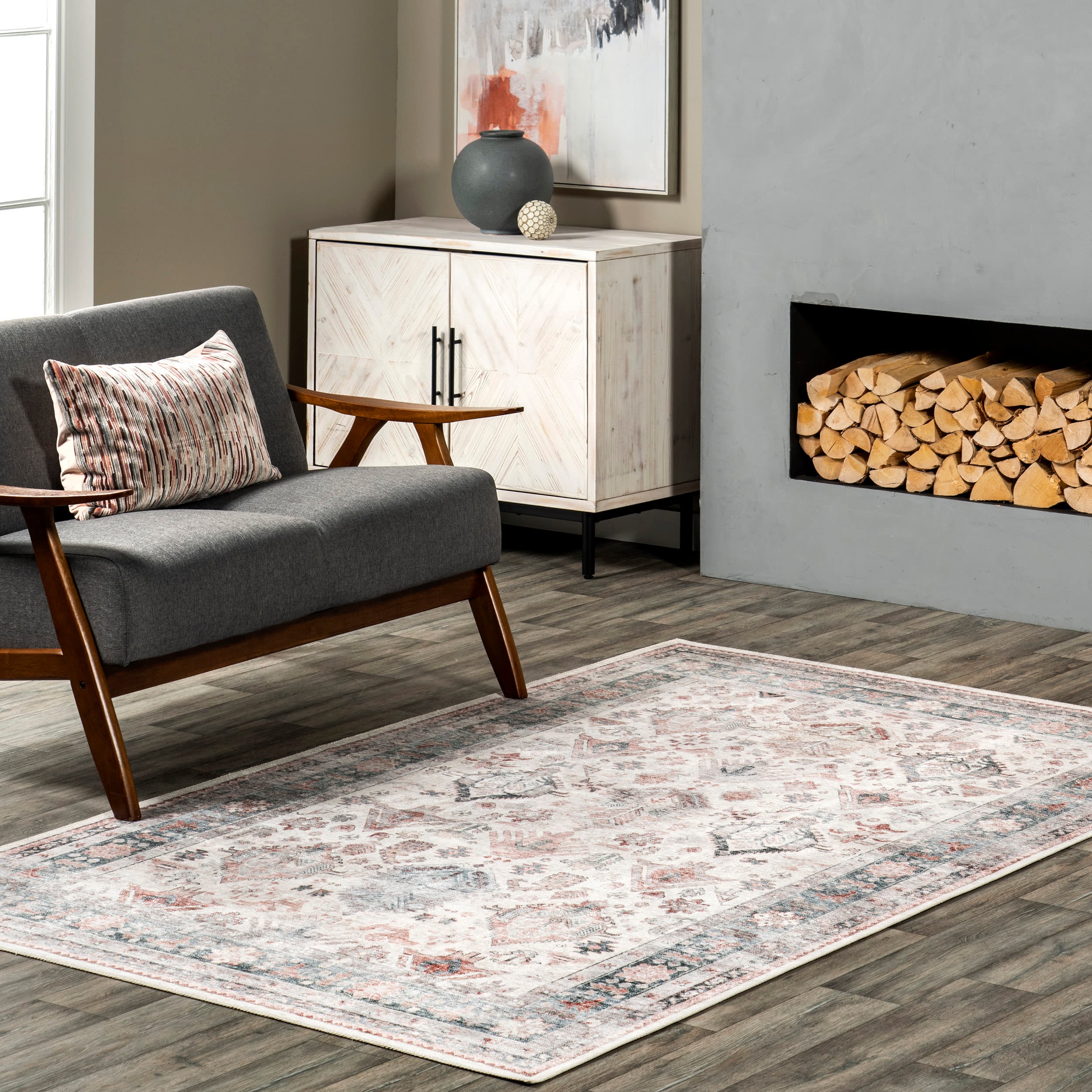 nuLOOM HJTH05A-406 4 x 6 (ft) Loomed Polyester Ivory Multicolor Rectangular Indoor Medallion Persian Machine washable Area rug