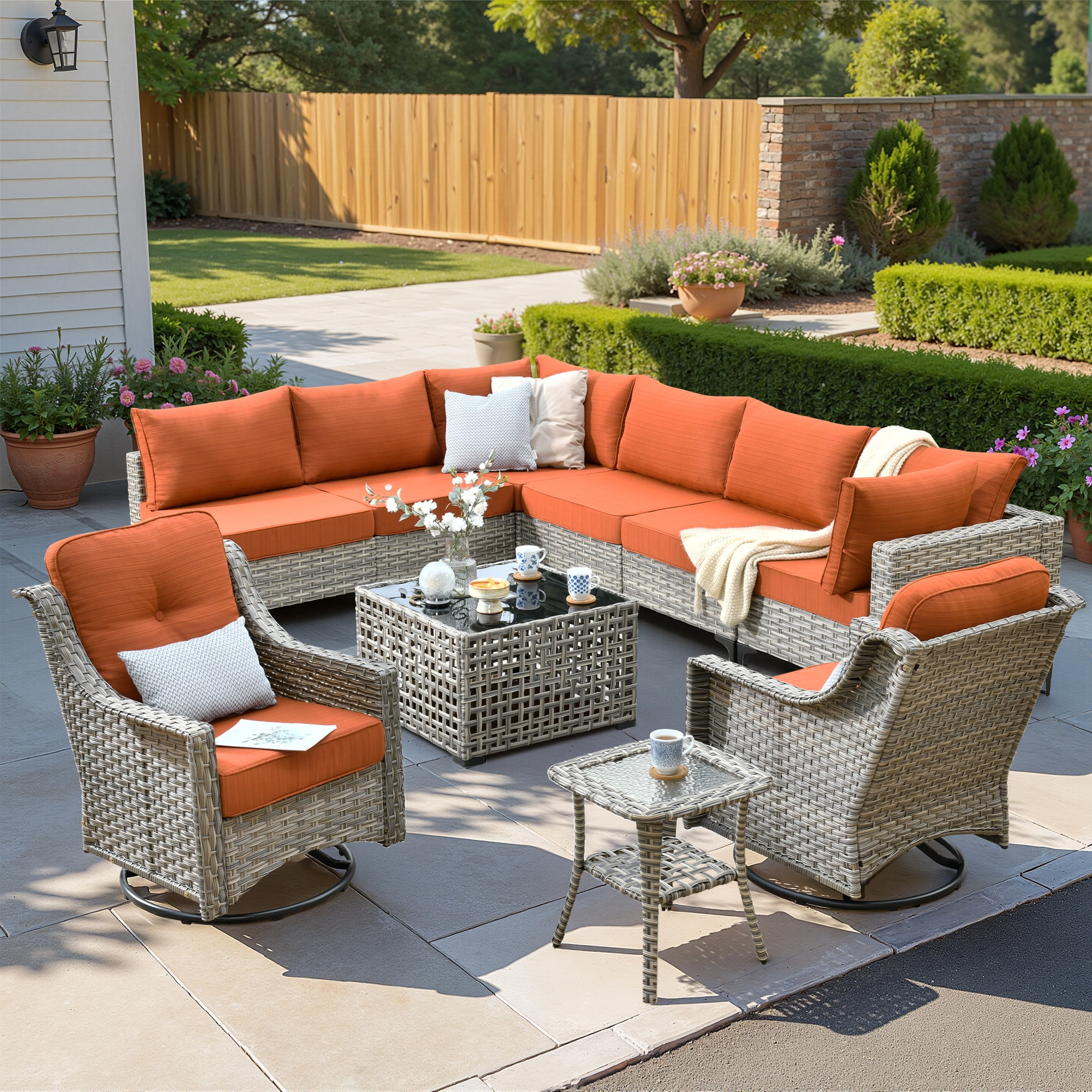 ALTRIGUS 6L-YZSKT810-AL 10 -Piece Wicker Patio Sofa Conversation Set with Orange Cushions