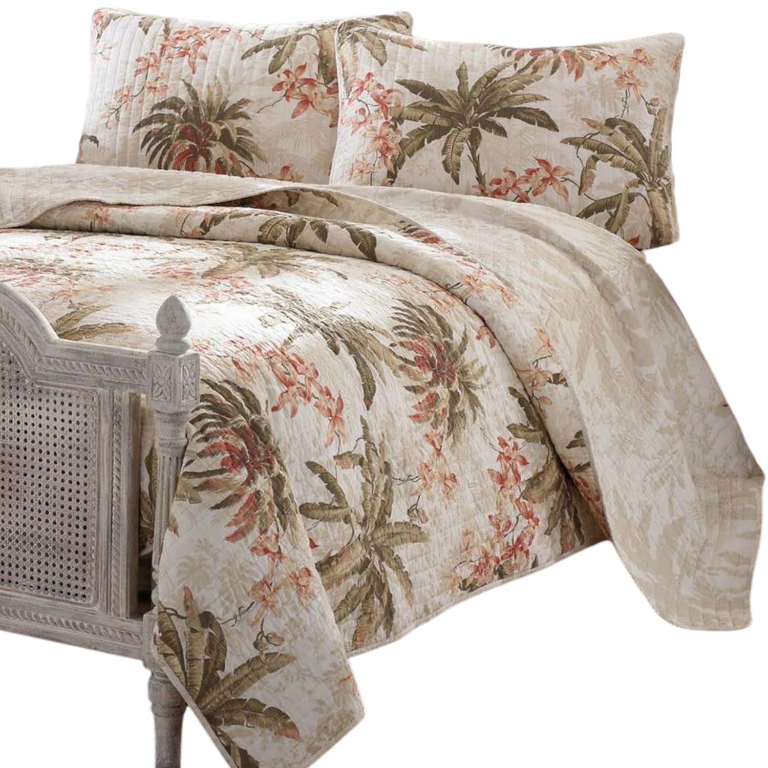 Slickblue 3-Piece- Cotton Coastal Palm Tree Floral Reversible Quilt Set for Coastal and Tropical Bedrooms- Full / Queen/ King Sizes #D-FR-5613FHBT