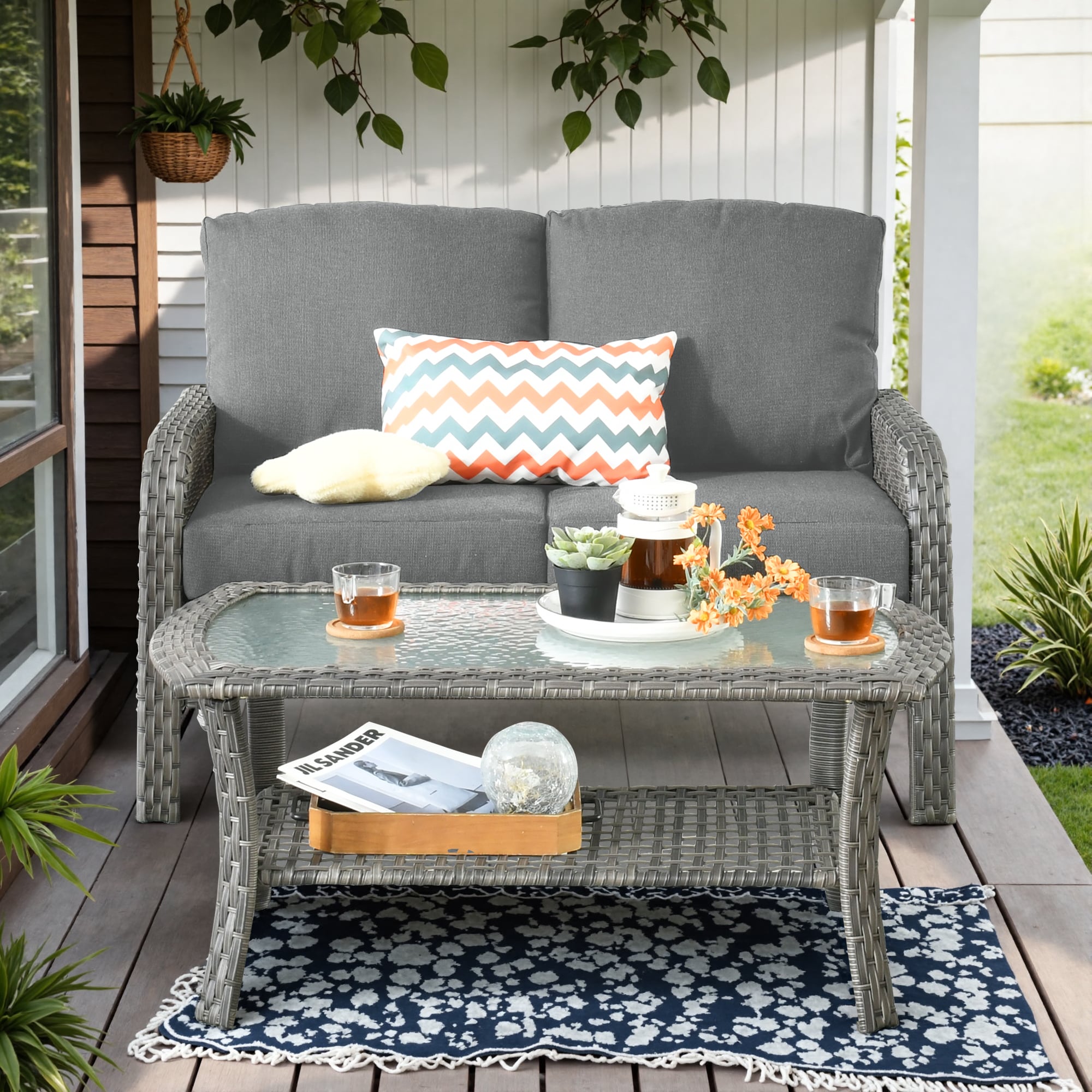weaxty HMBGNDS200Z1 Initial Wicker Outdoor Loveseat with Gray Cushions and Steel Frame