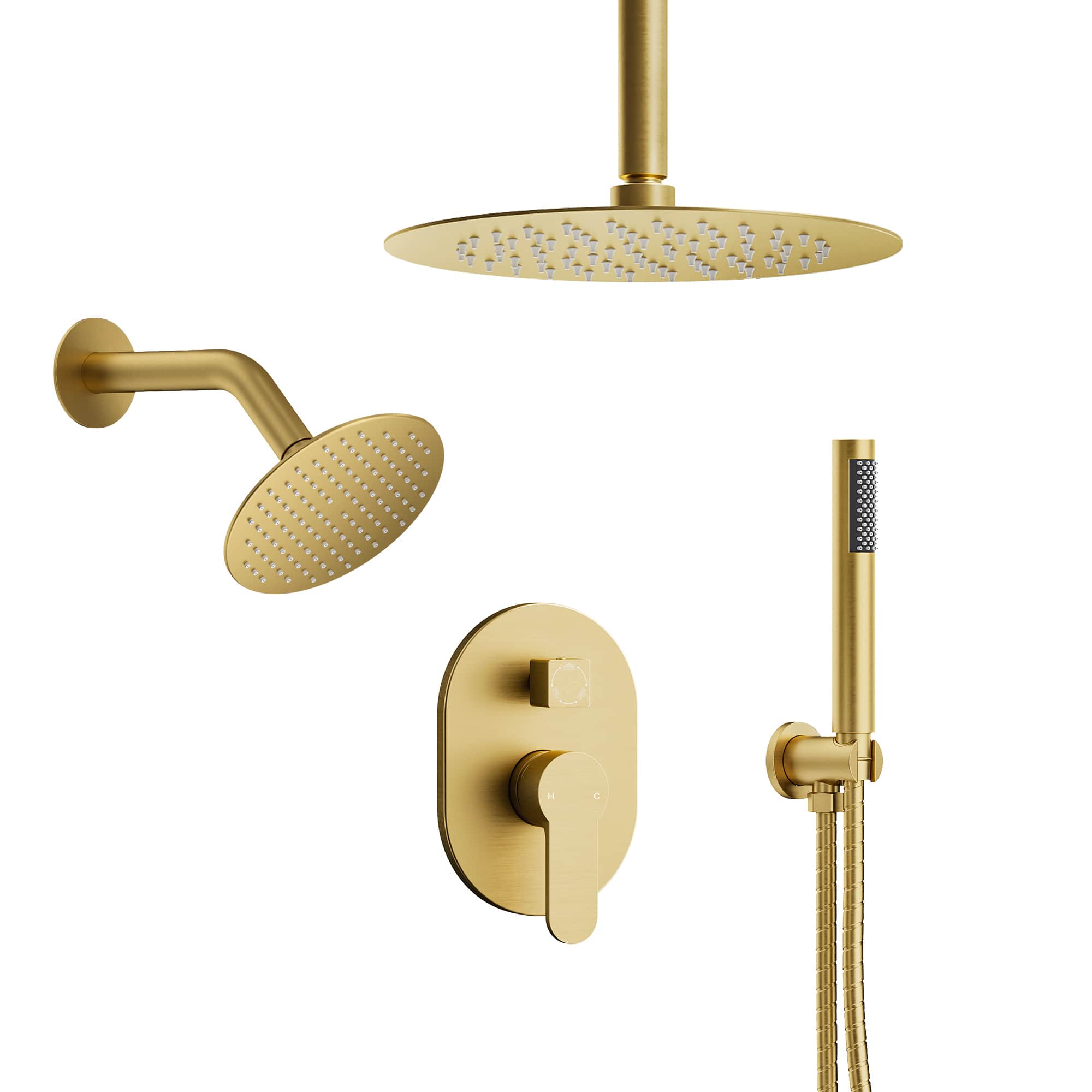 EVERSTEIN SFS-1057-GD10 3-Spray Patterns Round Fixed Shower Head 10 and 6 in. with 2.5 GPM Ceiling Mount Dual Shower Heads in Brushed Gold