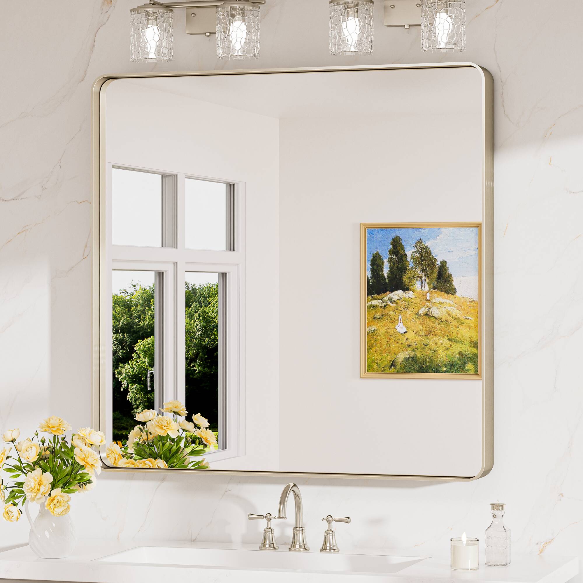 Keonjinn LW-JSKYJ2-9191NI Bathroom Mirrors 36-Inches W x 36-Inches H Rectangle Brushed Nickel Framed Wall Mirror