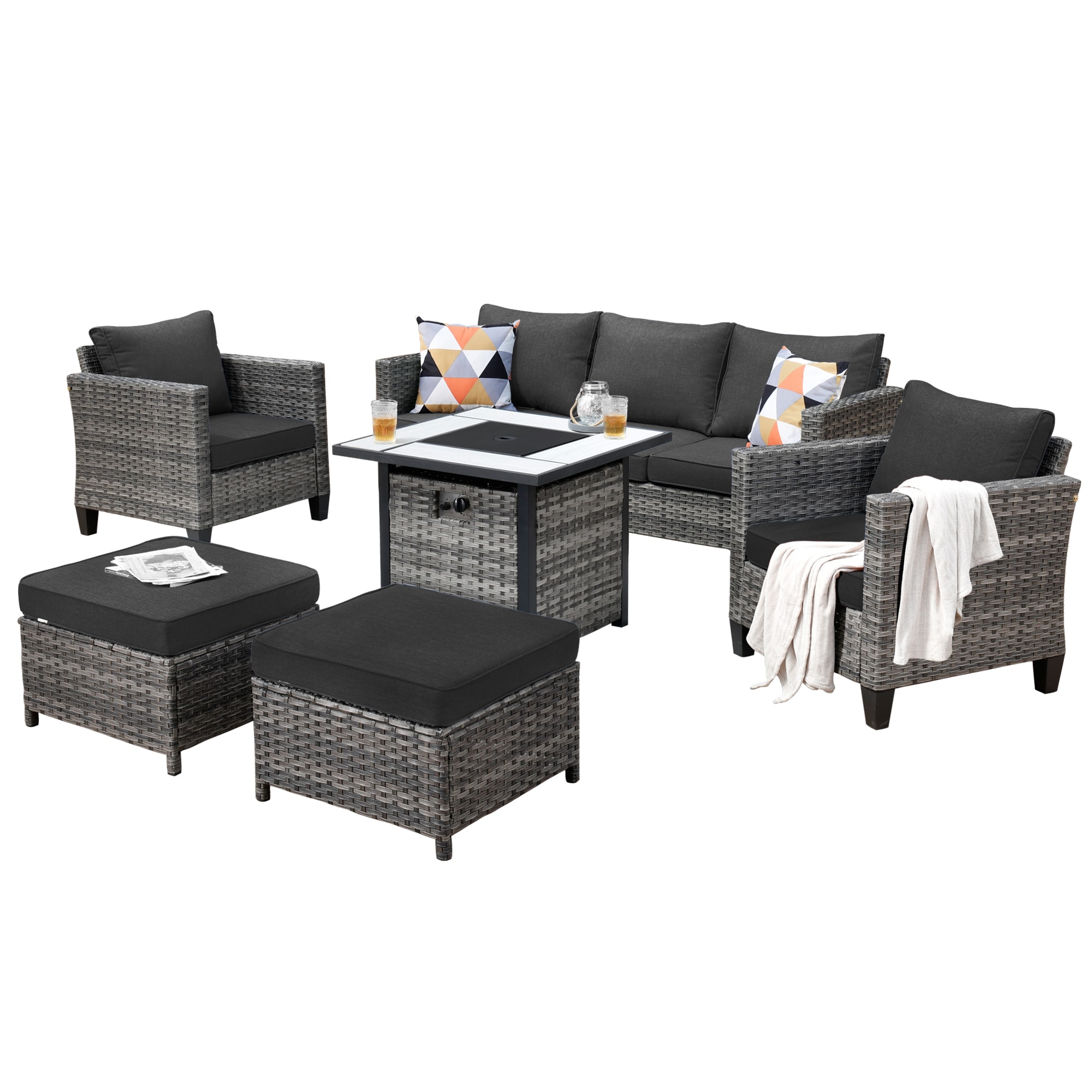 Pouuin 6-Piece Rattan Patio Sofa Conversation Set with Black Olefin ...