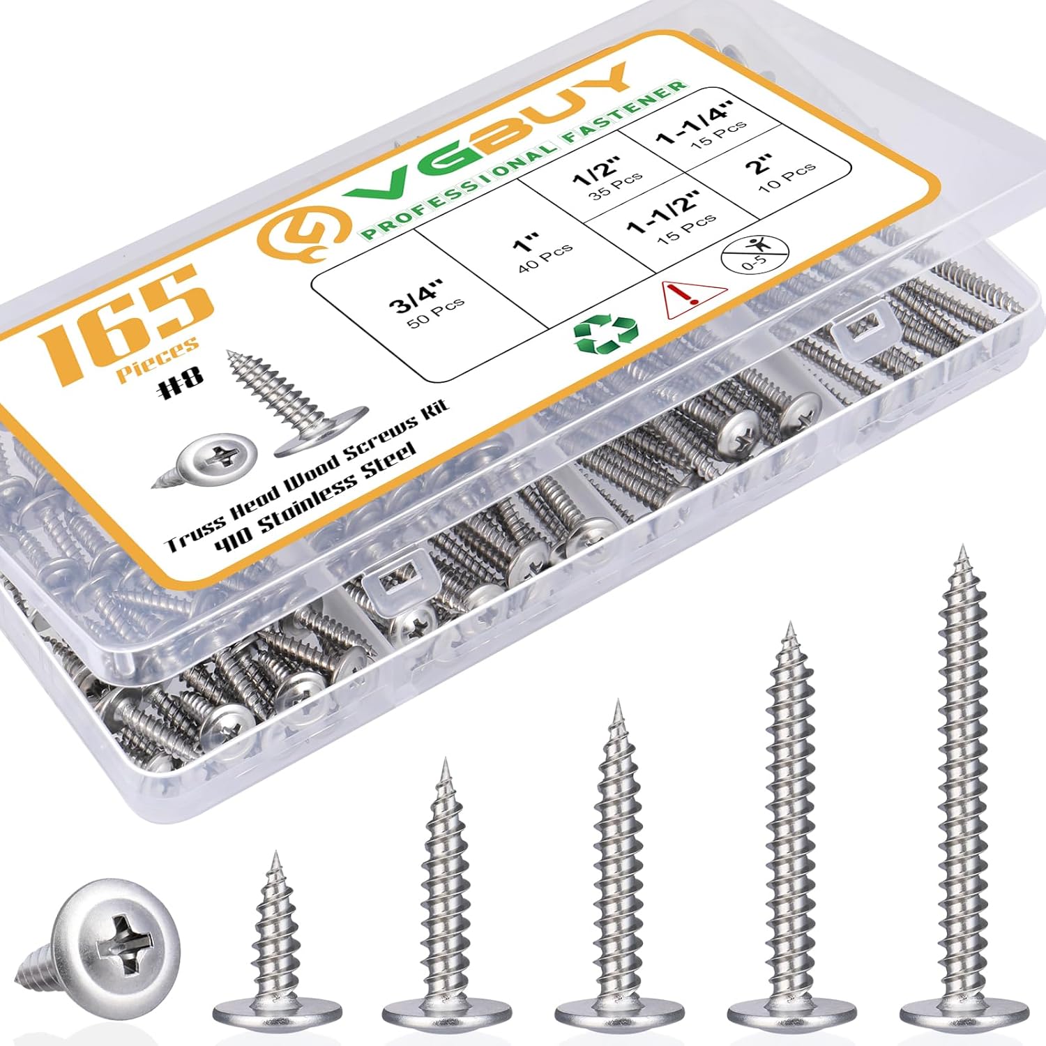 VGBUY 165 Piece Modified Truss Head Self Tapping Wood Screw Assortment Kit 6 Sizes