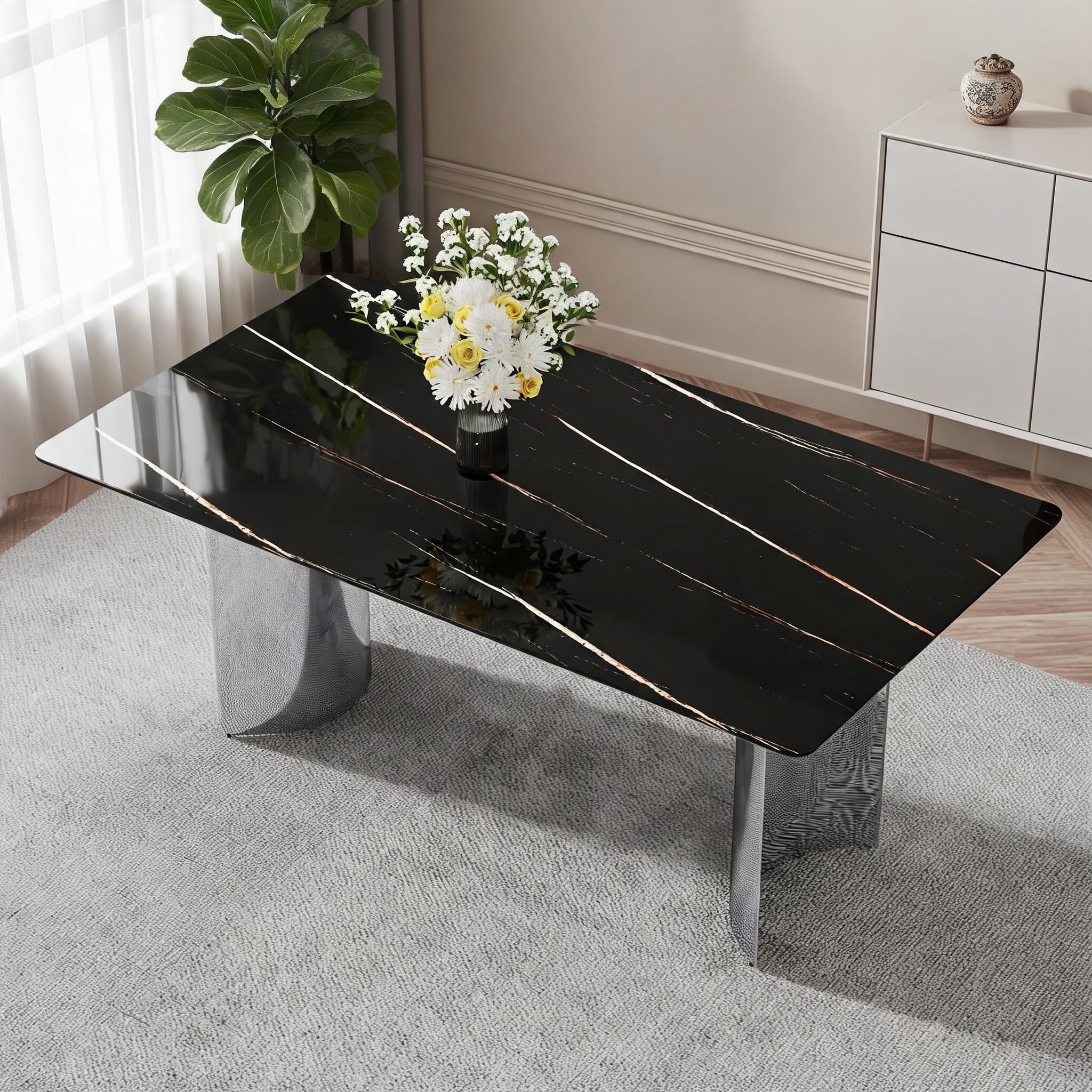 Watnature For Dining and Living Room Use 4-Seater Rectangular Dining Table Black-Toned Imitation Marble Glass 71 Inch #22DQNQU6CBI5