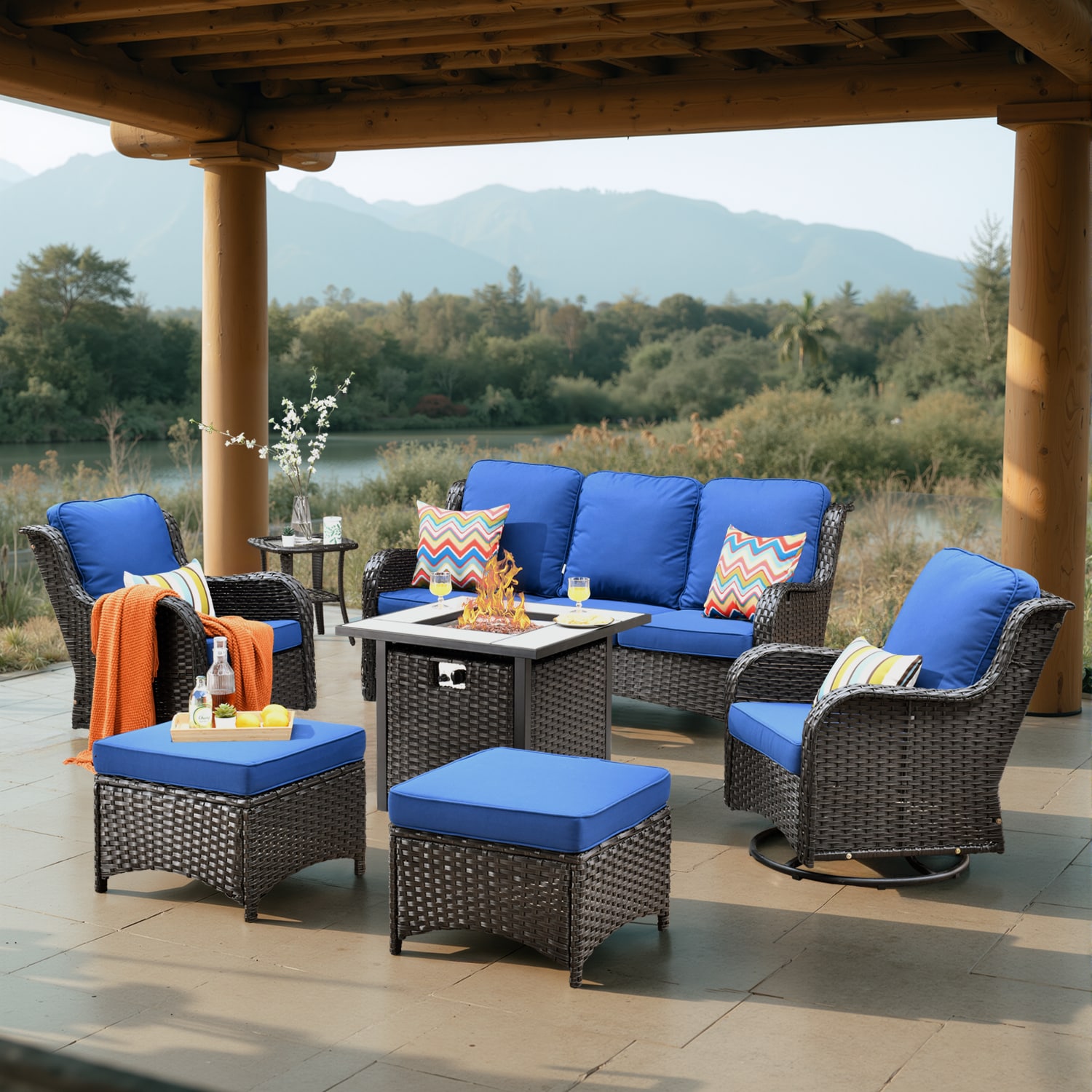 Pouuin SFPRGNTC606 7 -Piece Wicker Patio Sofa Conversation Set with Navy Olefin Cushions