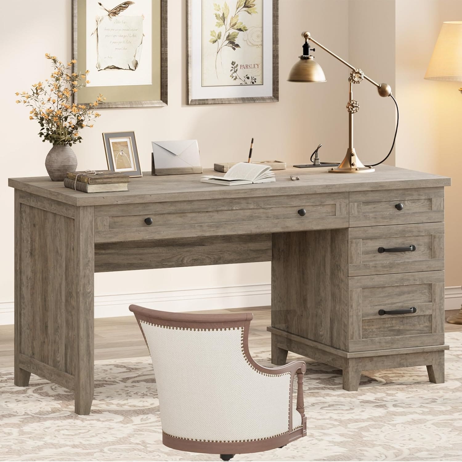 Garvee - 53.5in Farmhouse Executive Desk with Charging Station Wood Computer Desk with Drawers Fi...