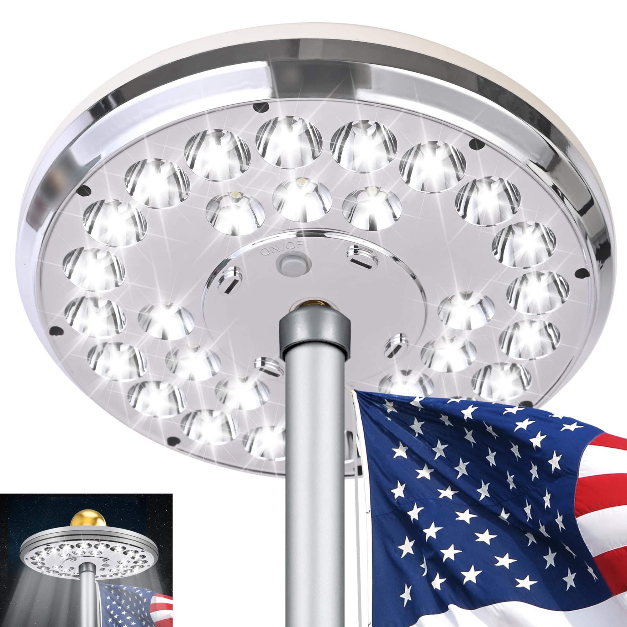 Lukvuzo  Solar Flagpole Light 48 LED Outdoor Flag Pole Top Light for 15 to 25 Foot Poles Silver Reflective Surface Dusk to Dawn Auto On Off