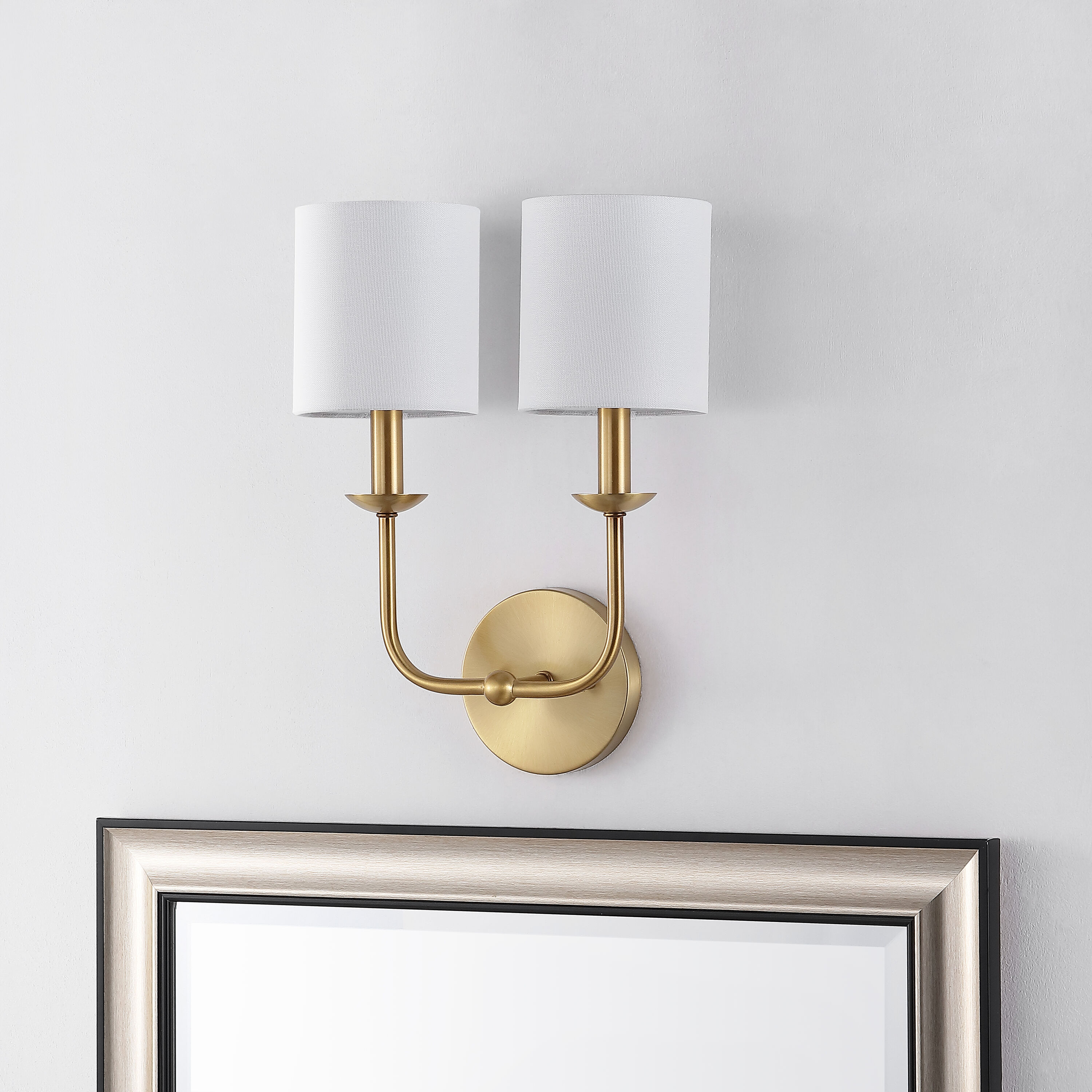 Ferrara Gold Twin Lamp Wall Sconce with White Shades